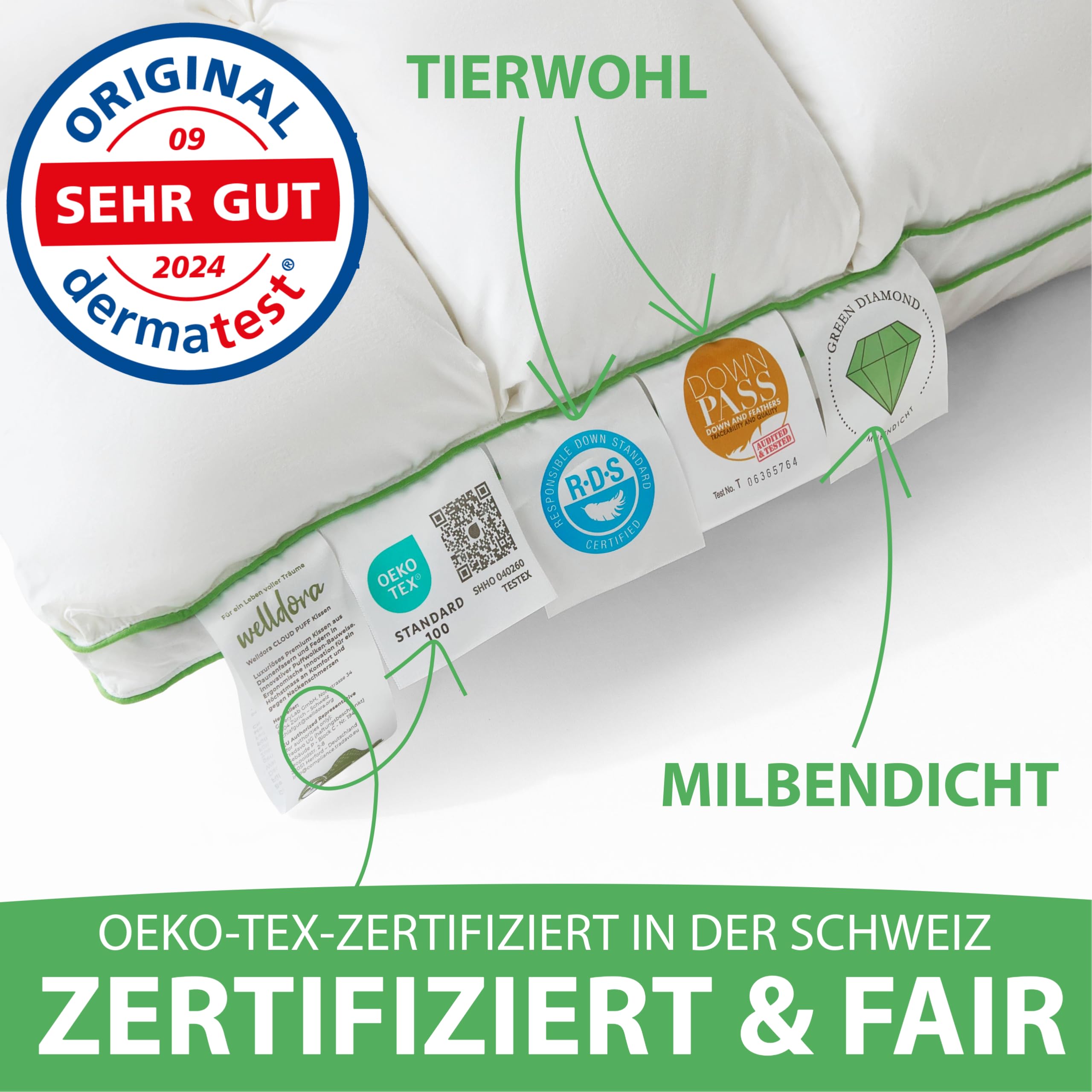 Welldora Premium Kopfkissen 40x80 | 100% Daunenfasern & Federn | Innovatives Puffwolken-Design für höchsten Komfort & Ergonomie | Mittelfestes Kissen fachärztl. geprüft, Oeko-Tex zert. in der Schweiz
