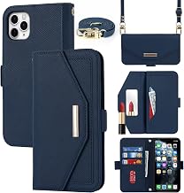 Cavor Case Compatible with iPhone 11 Pro Max Case with Cord, Flip Wallet Leather Case, [5 Card Holders] [Mirror] [Magnetic] [Adjustable Collar] Cover – Blue