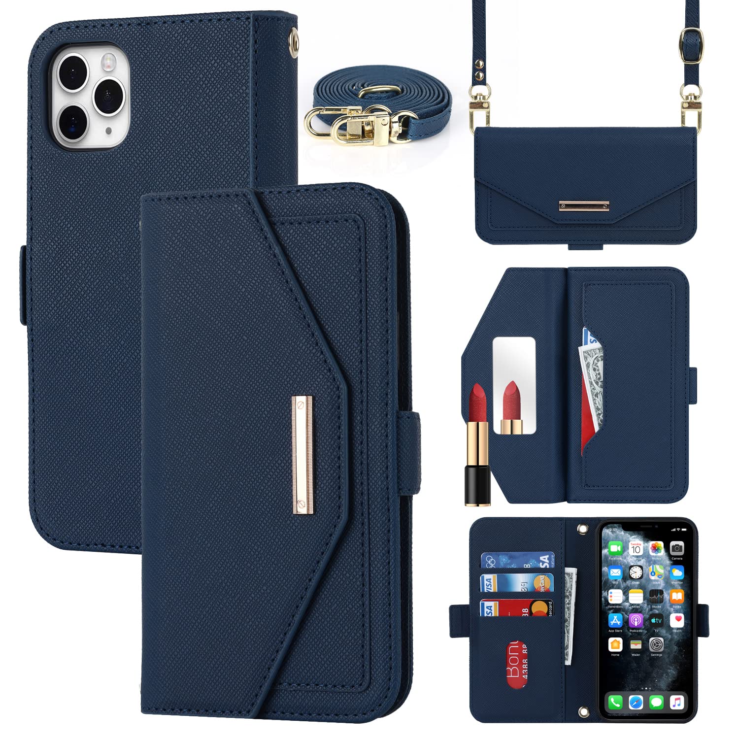 Cavor Cover Portafoglio Con Anello Supporto Per IPhone 11 Pro, Pelle Con 4 Slot Carte, Flip Case Magnetico, Oro Rosa