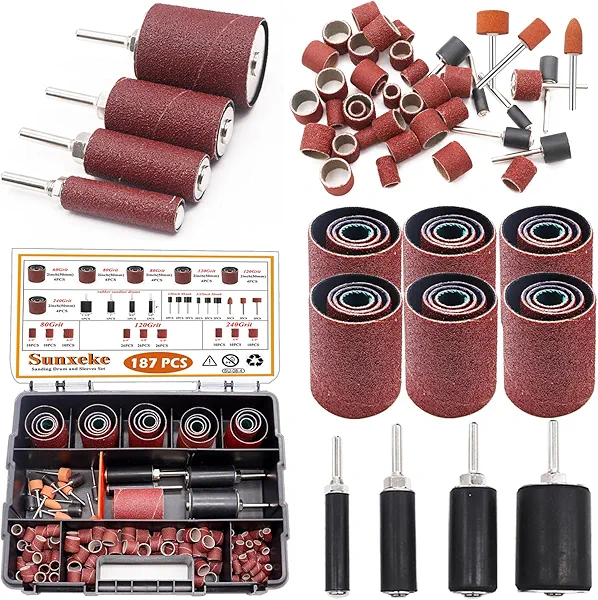 Sunxeke 187-Piece Sanding Drum Kit for Drill & Drill Press – Includes 2inch Spindle Sander Sleeves (60/80/120/240 Grit), 4 Rubber Sanding Drums, 1/4-Inch Shank,Versatile Sander Accessory with Box