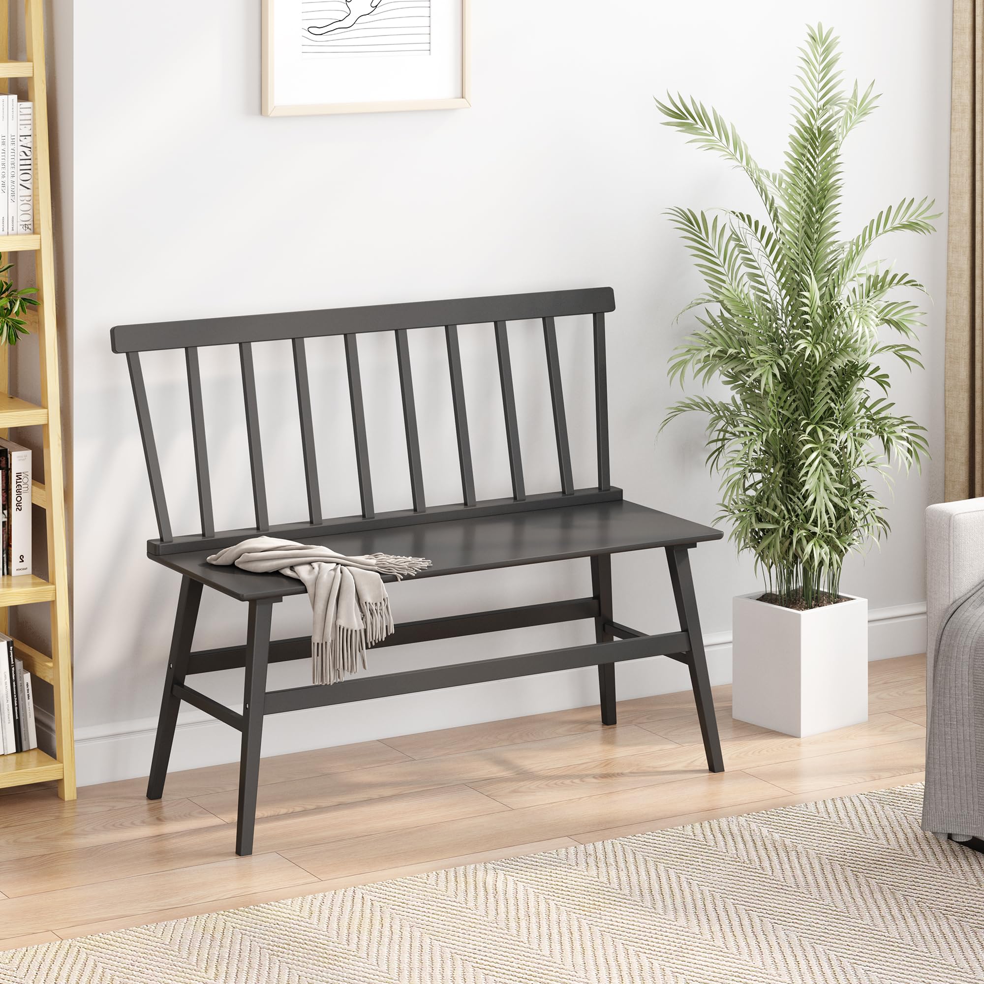 Wisuce Bamboo Dining Bench, Entryway Bench with Spindle Back (Black)