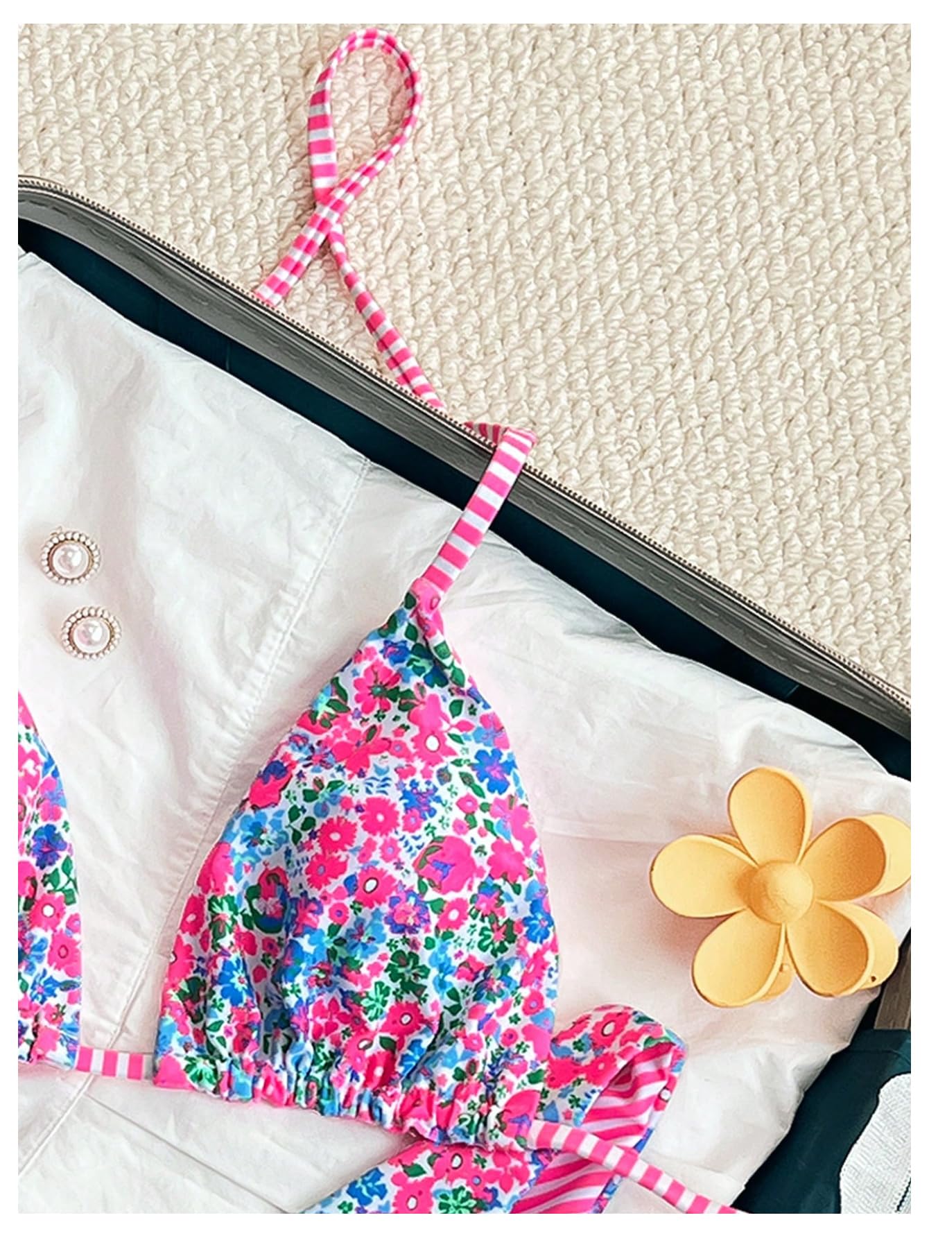 Damski Dwuczęściowy Zestaw Bikini W Kwiaty Paski Halter Stringi Strój Kąpielowy Z Wysokim Stanem Gorący Różowy Mały