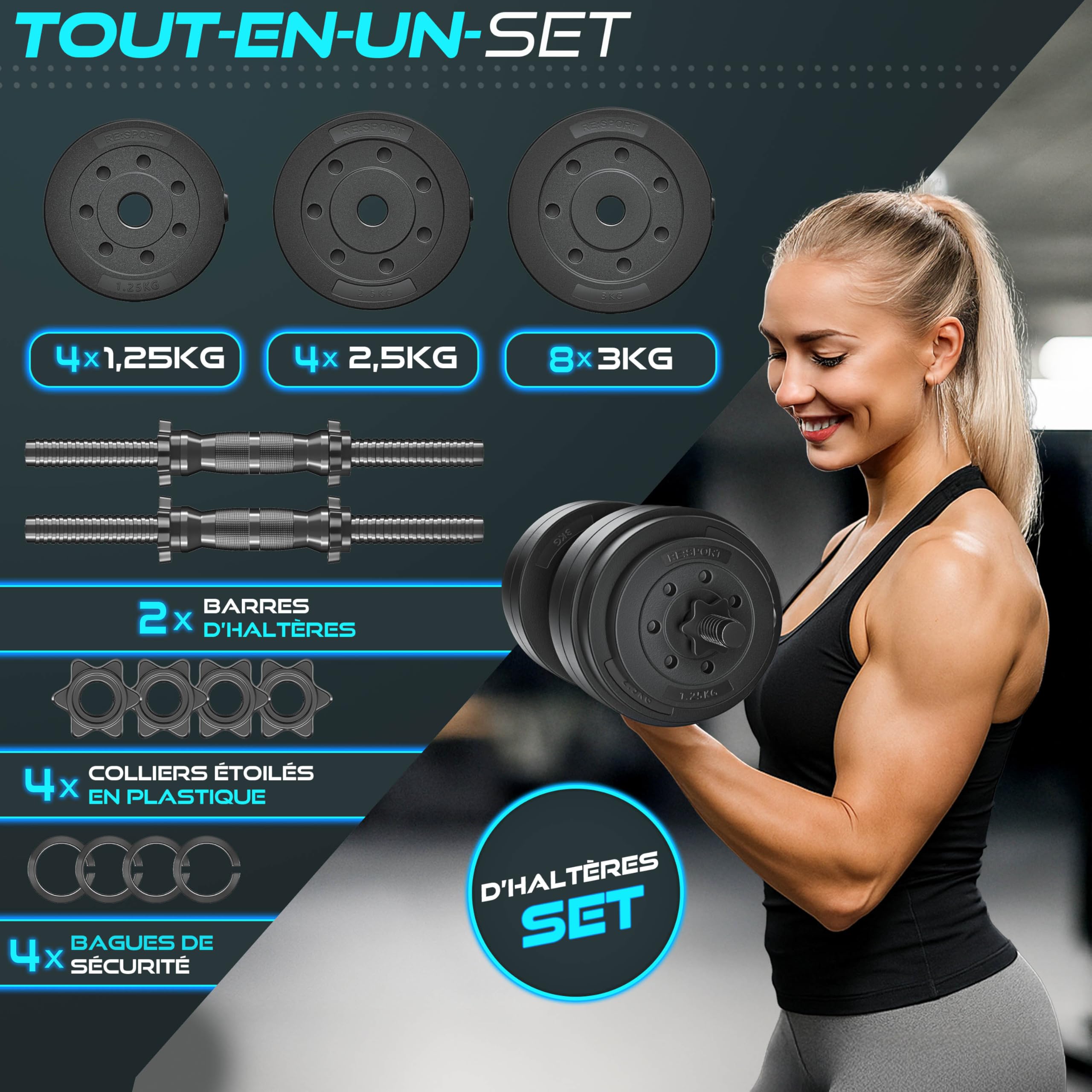RE:SPORT Lot de 2 haltères réglables 15, 20, 30, 40 kg, avec 2 haltères, avec poids et 4 fermetures en étoile, Kit pour le développement musculaire, l'entraînement et la maison