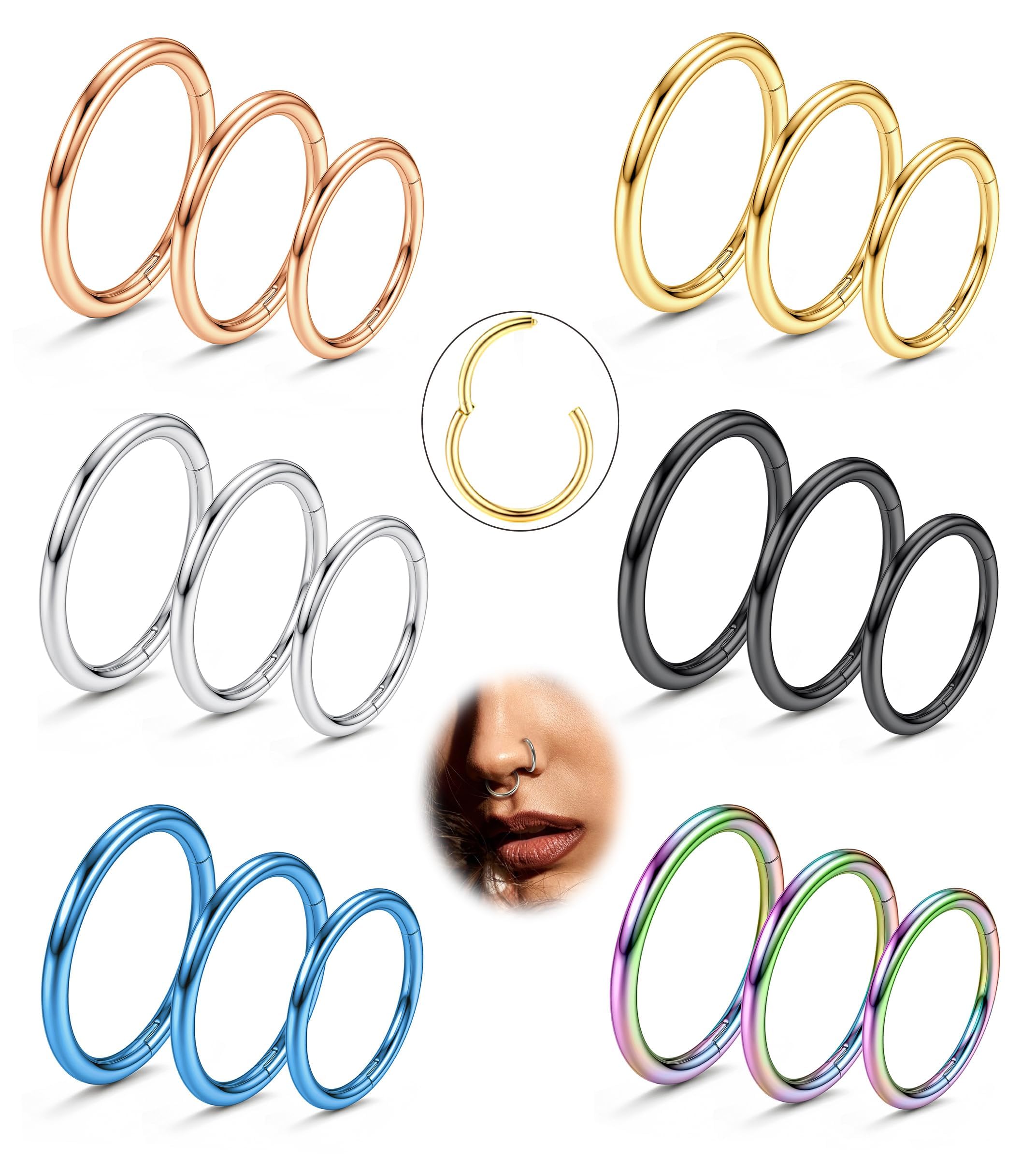 FIOROYAL 18 Piezas 18G Piercing Nariz Acero Quirurgico Clicker Piercing Nariz Aro Plata/Oro/Negro/Color Piercing Septum Tragus Helix Conch Cartílago Oreja Piercing Joyería