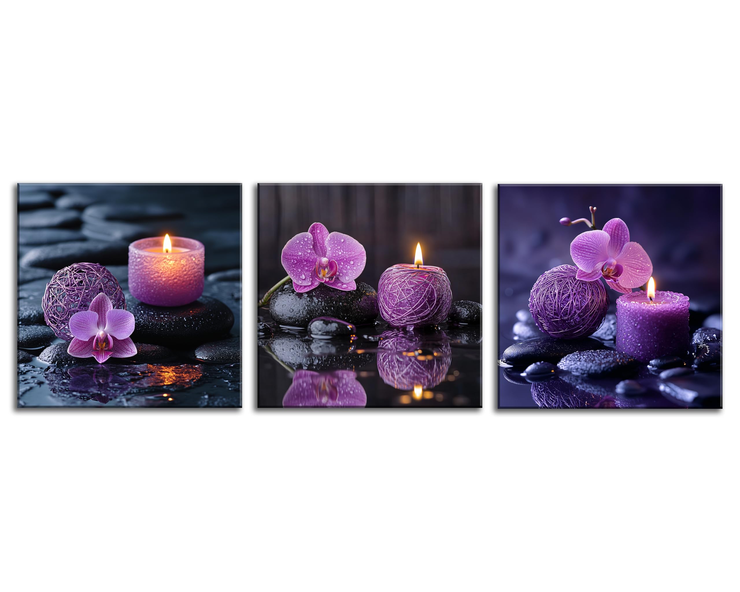 NAN Wind 3PCS Zen Canvas Wall Art Purple Orchid Spa Decor Aromatherapy Candle Black Stone Prints Modern Meditation Room Decor Bathroom Yoga Studio Wall Pictures Relaxing Home Artwork Ready to Hang