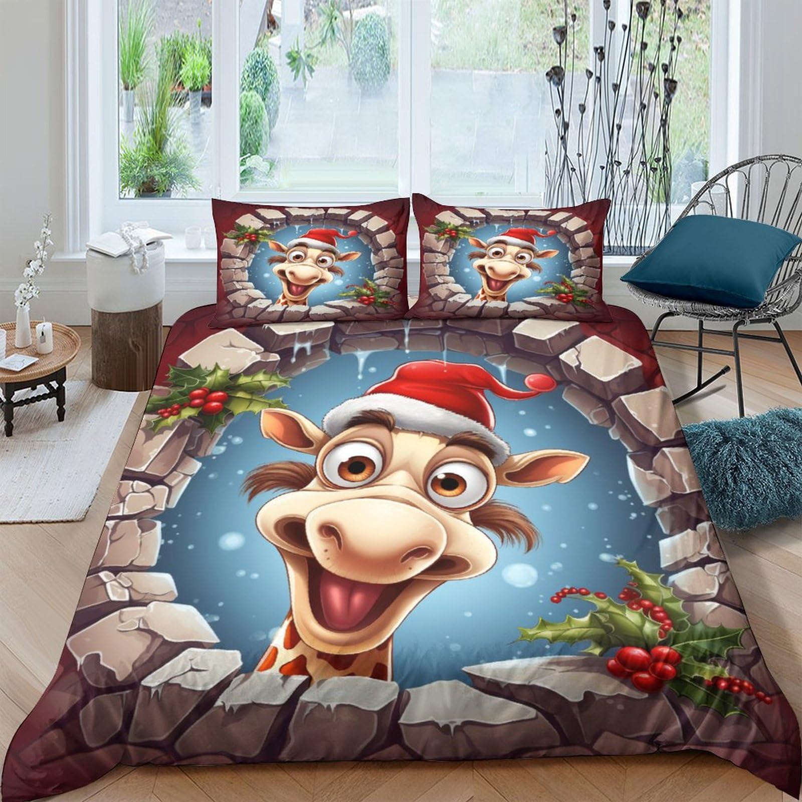 Housse de couette Noël élan 3D parure de lit 3 pièces microfibre King