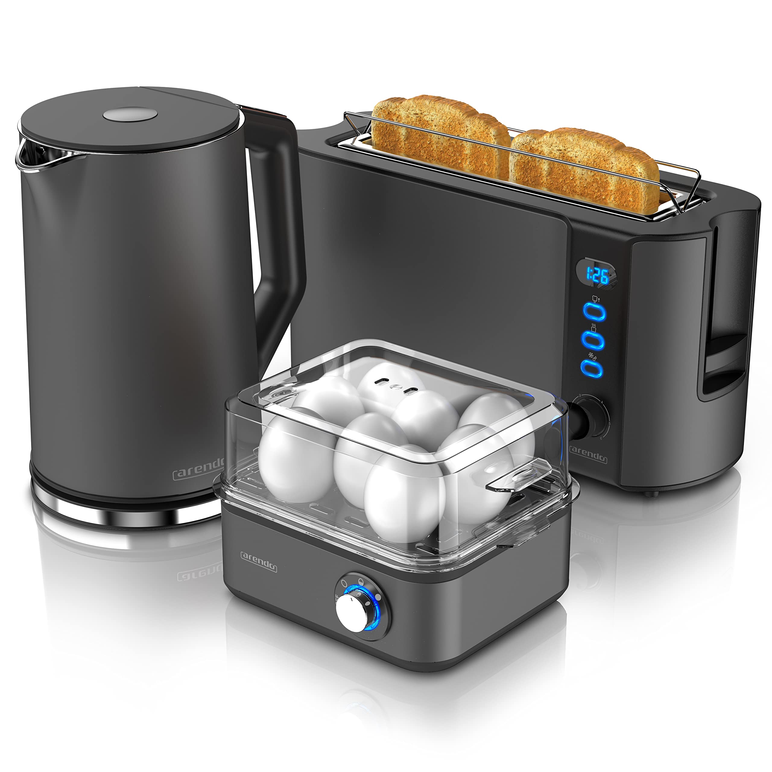 Arendo - Wasserkocher mit Toaster SET und Eierkocher Edelstahl Cool Grey Wasserkocher 1,5L 40° - 100°C Toaster 2 Scheiben LED-Display 6 Bräunungsgrade Eierkocher 1-8 Eier Messbecher