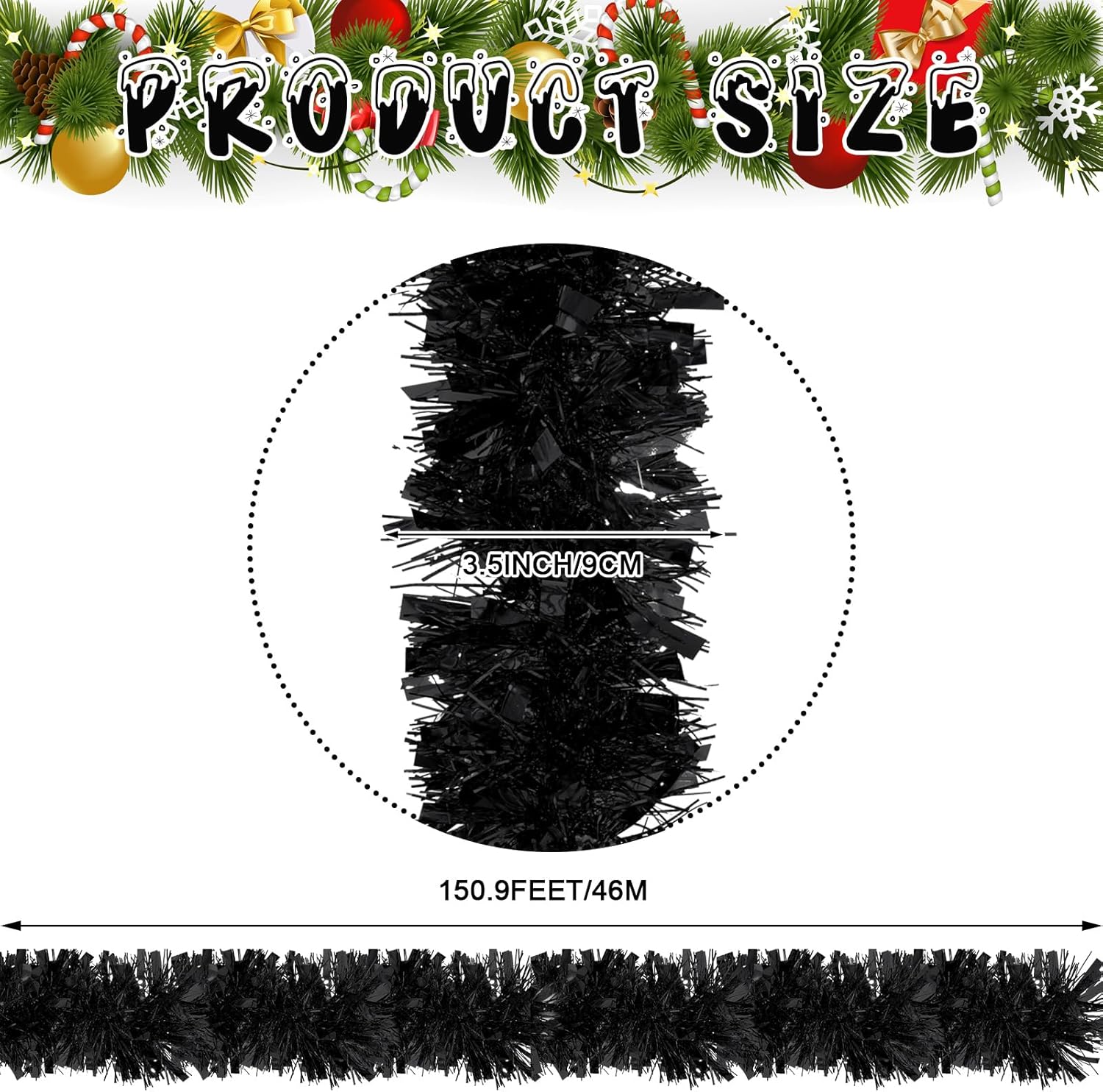 ceenna 150 feet christmas tinsel garland metallic twist garland shiny hanging string ornaments for christmas tree party supplies indoor and outdoor decoration(black)