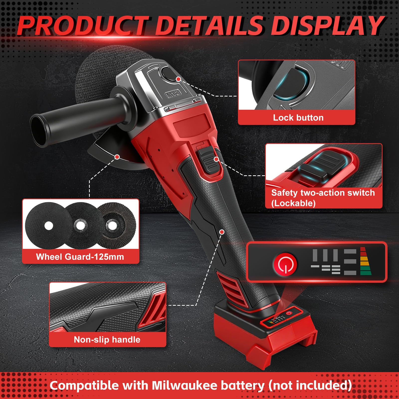 Akumulatorowa szlifierka kątowa do Milwaukee 18 V, 125 mm, bezszczotkowa, 3 prędkości, 12 000 obr./min z 4 M14 do 5/20,3 cm-11 wrzeciono, akumulatorowa szlifierka kątowa do cięcia, szlifowania i