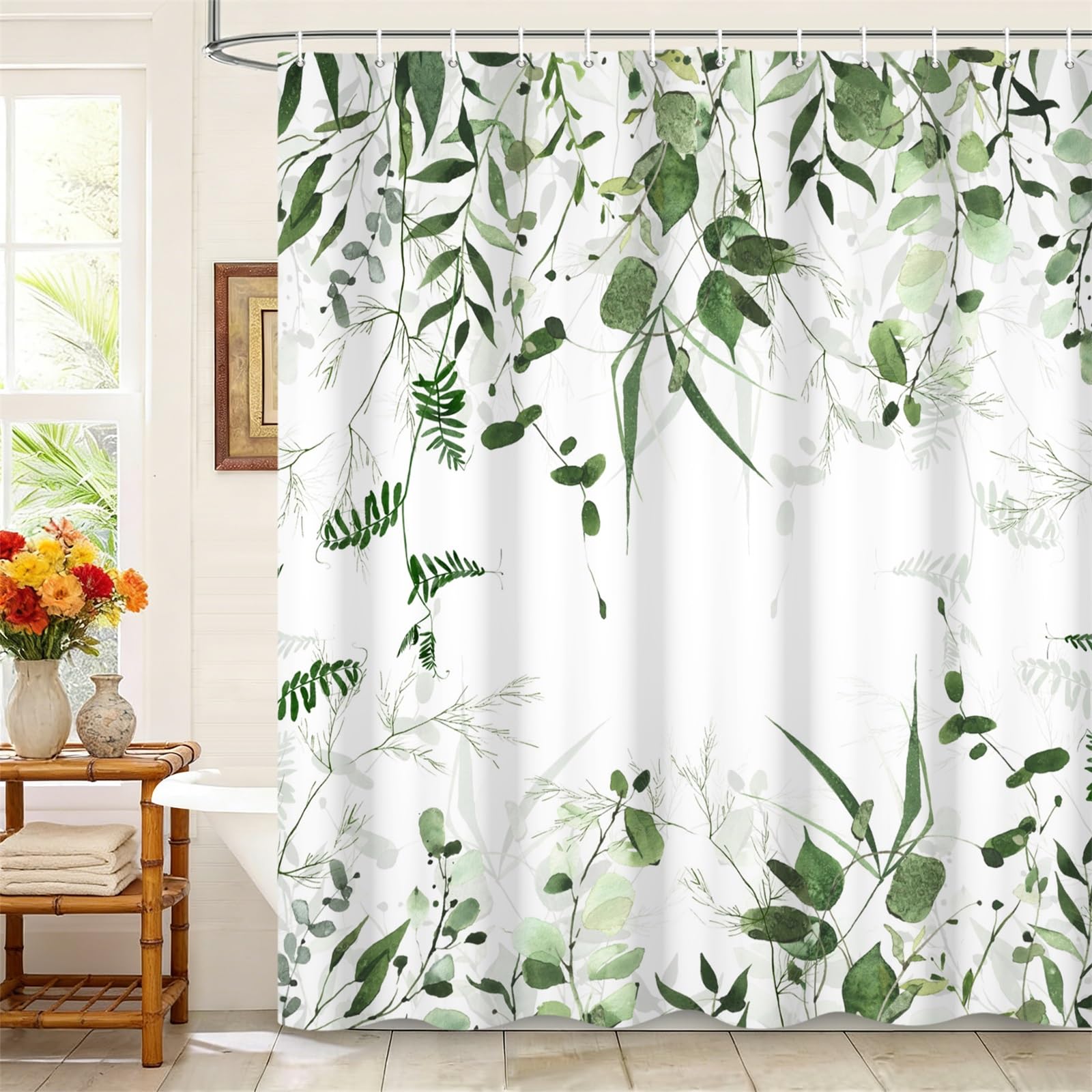 Kzzfqxb 105x160cm Leaves Shower Curtains with Hooks, White Background Hanging Greenleaves Trees Plants Branches Occluded Waterproof for Bath, Polyester Fabric Bathroom Bathtub Natural Decor — image 1