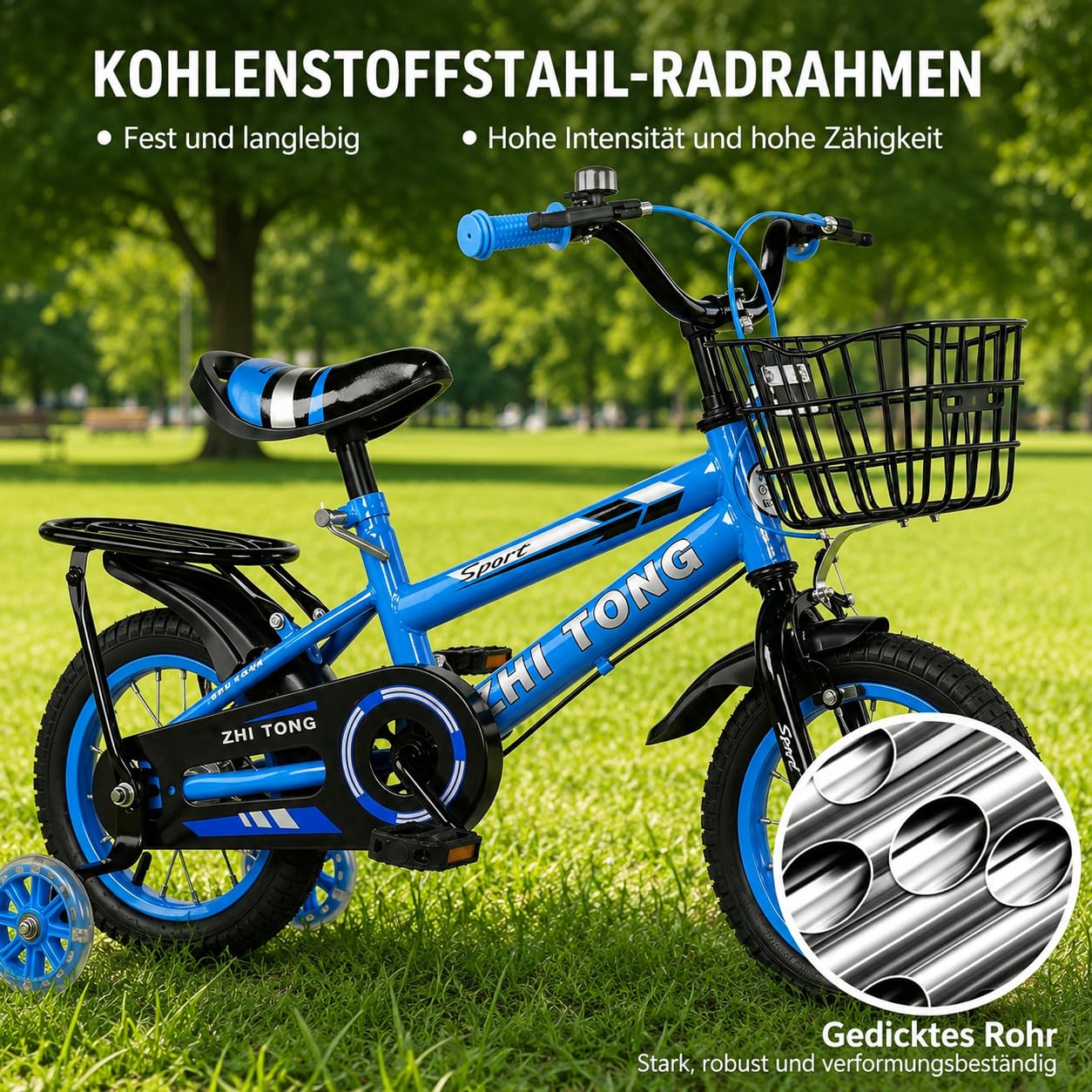 Kinderfahrrad für ab 2 3 4 5 Jahre Mädchen & Jungen, 14 Zoll Kinderfahrräder mit Stützrädern, Höhenverstellbar Kinderfahrrad mit Korb und Rücksitz, Fahrrad für Schulung Outdoor