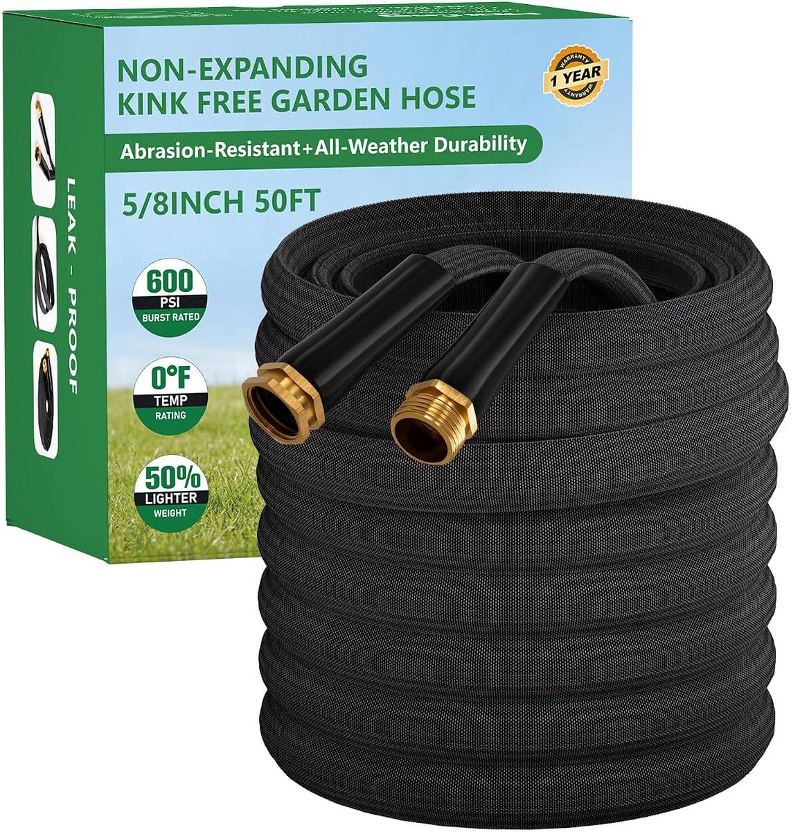 Garden Hose 50FT, Non-Expanding Water Hose Ultra Lightweight | Kink-Free, Burst-Resistant, Lead-Free, Flexible & Durable High-Pressure Hose for Yard, Lawn, Outdoor, Car Washing