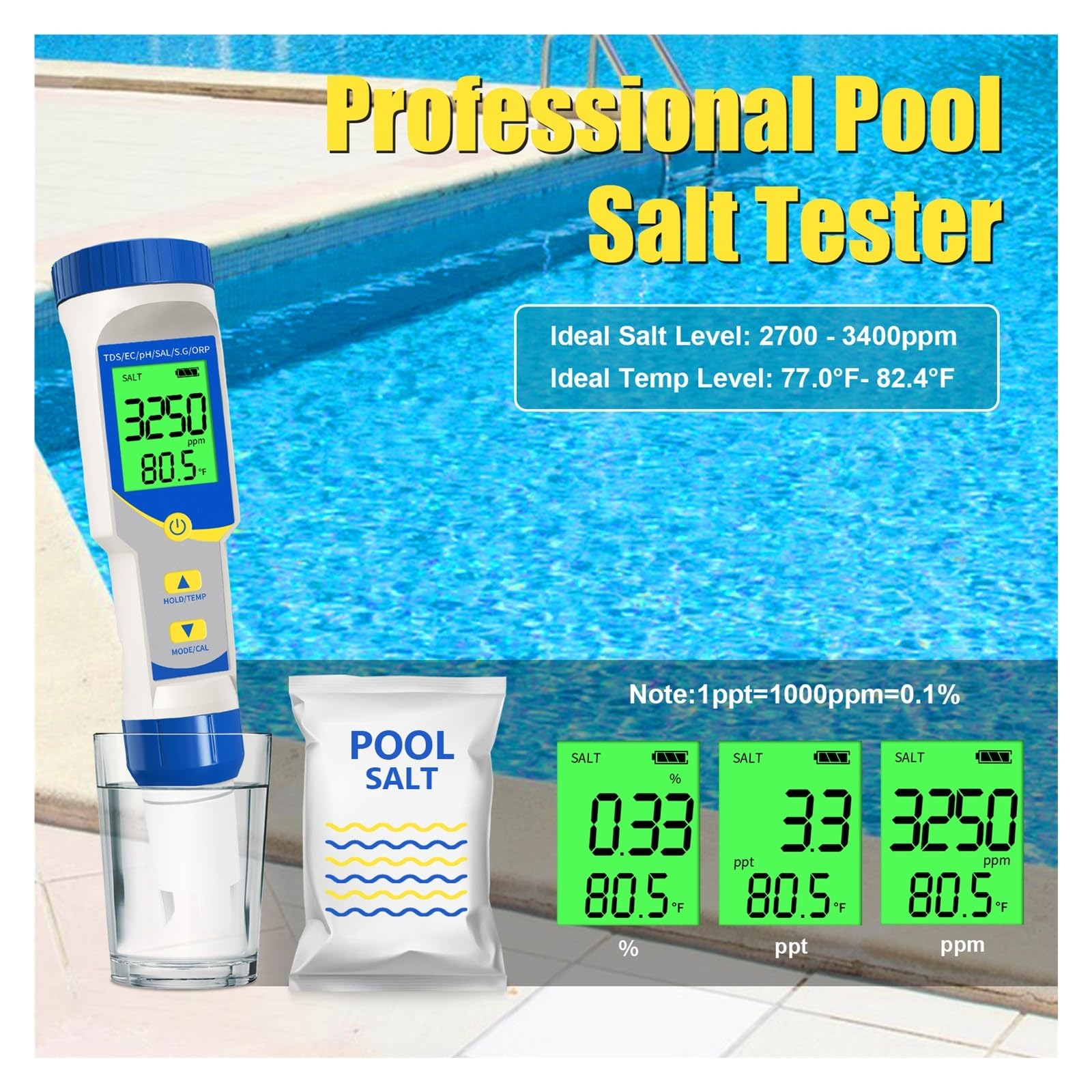 Testeur de qualité de l'eau Testeur de pH 7 en 1, résolution 0,01, Haute précision, TDS, EC, ORP, ppm, salinomètre for Piscine