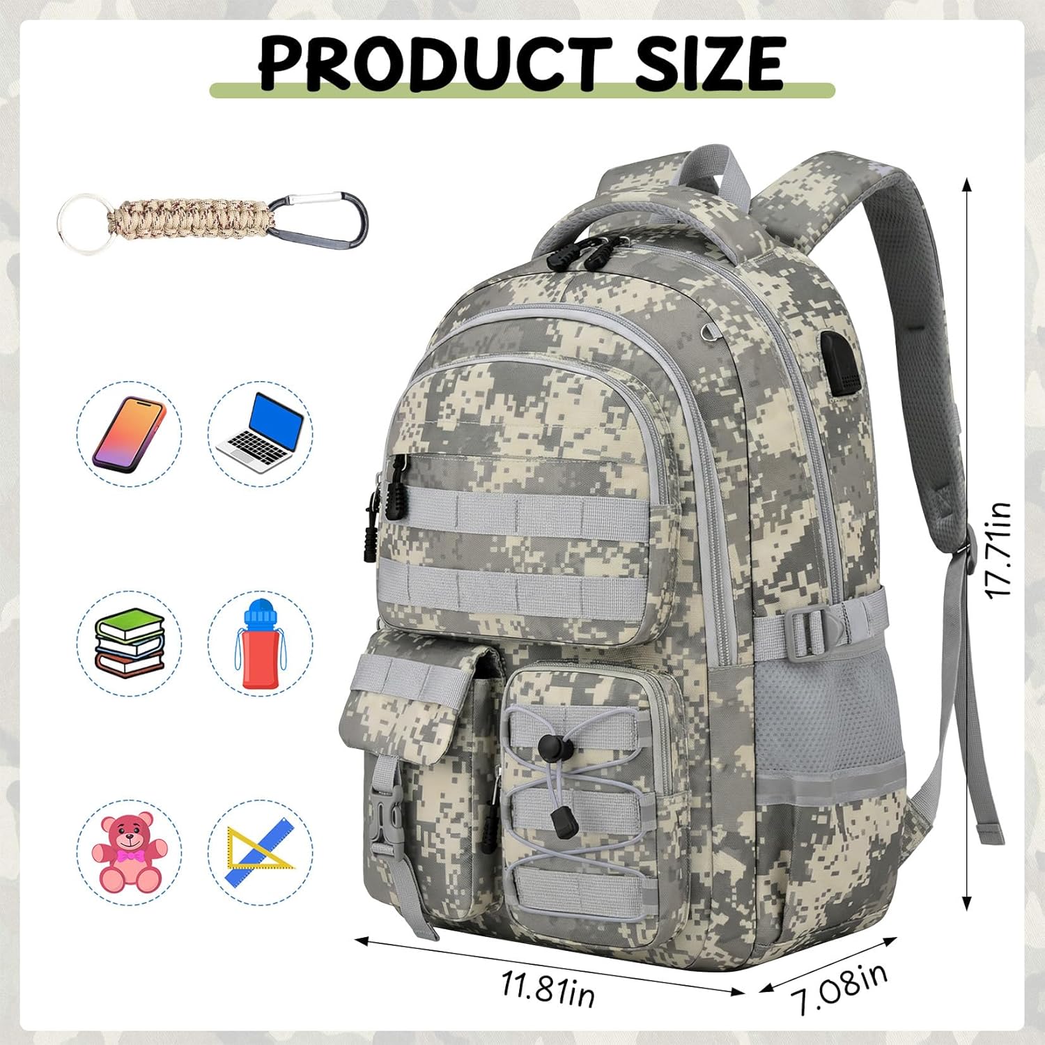 School Backpack for Boys - Camo Boys Backpack for Elementary Middle School - 18" Large Capacity Camouflag Students Bookbag with Multiple Pockets,Usb Charging Port & Key-chain