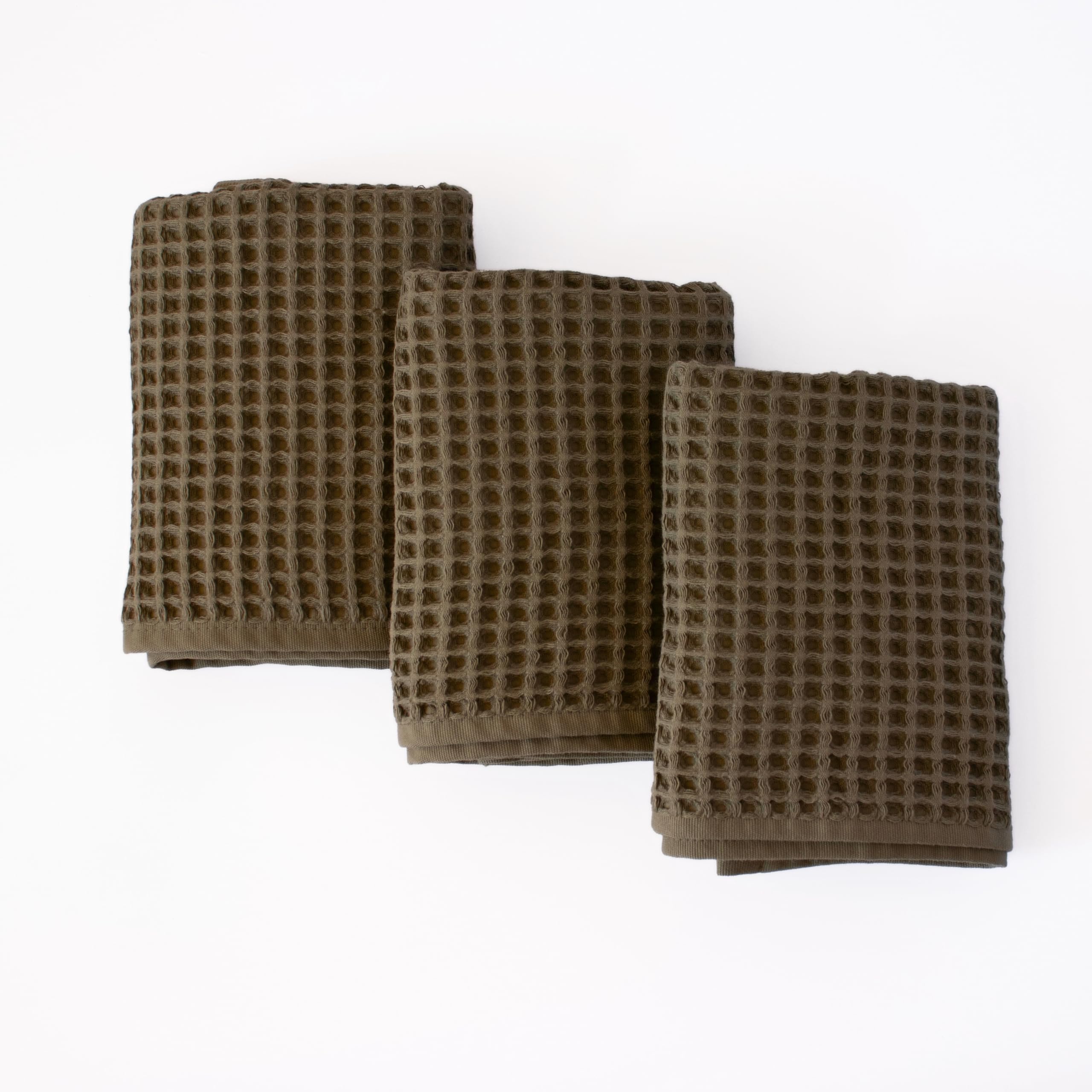 PÜSKÜL Organic Waffle Kitchen Towel 100% Turkish Cotton Set of 3 Khakie Green - Premium Quality, Soft, Quick-Dry, Absorbent, Lint-Free Hand Towels