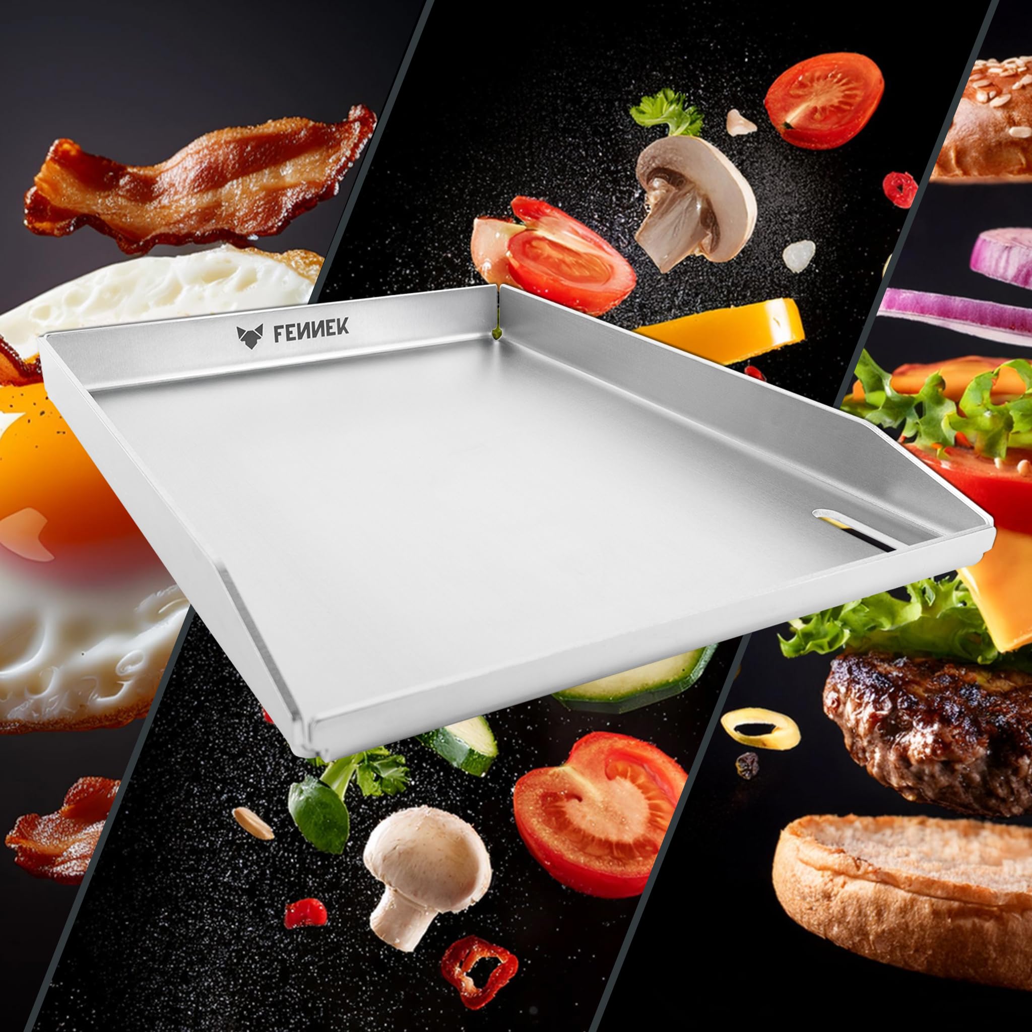 FENNEK Plancha 40 x 30 cm Teppanyaki płyta grillowa z przednią krawędzią i dużym otworem spustowym | 4,0 mm stal nierdzewna | Do burgerów, warzyw, ryb i innych | Zmywalna w zmywarce | Podwinięte