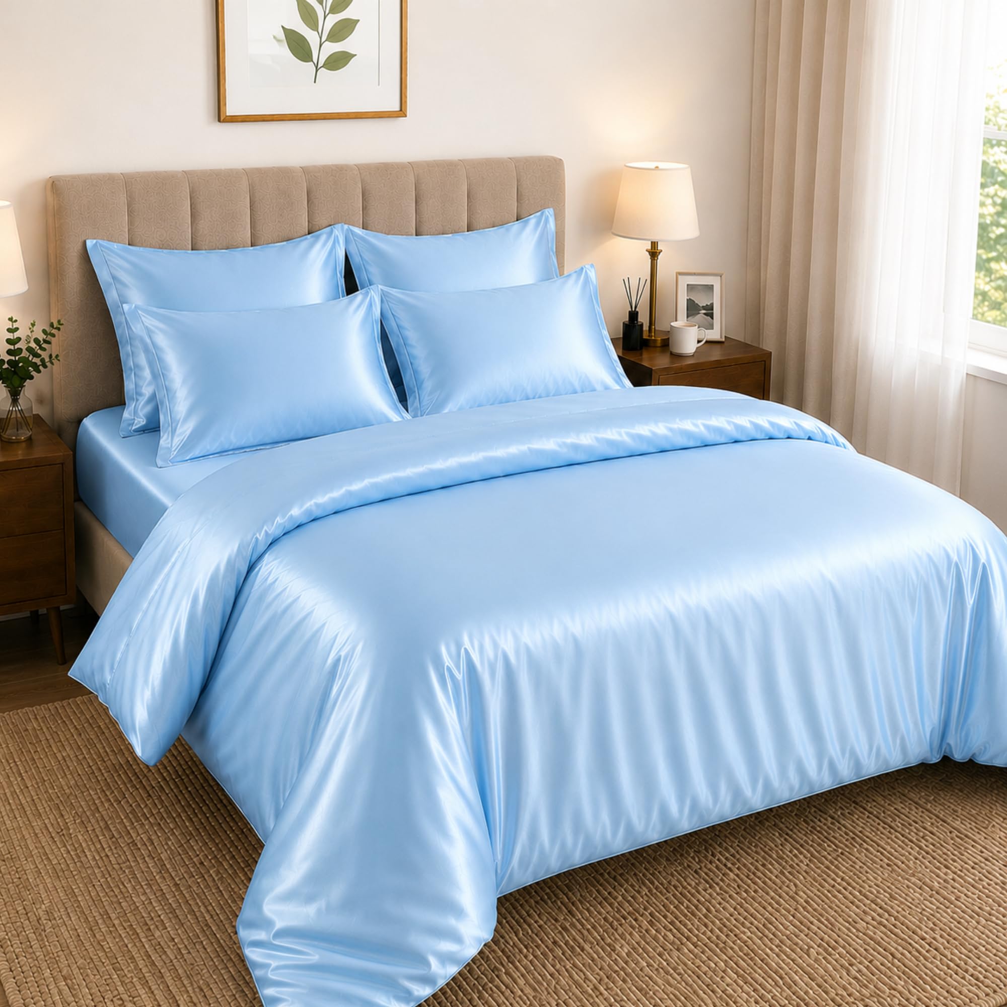 Hadi London Satin Silk 6 Piece Complete Bedding Set with Silky Deep Fitted Sheet Reversible Duvet Cover Comforter & 4 Pillowcases for Single Double King Super King Size Bed (Sky-Blue, King)