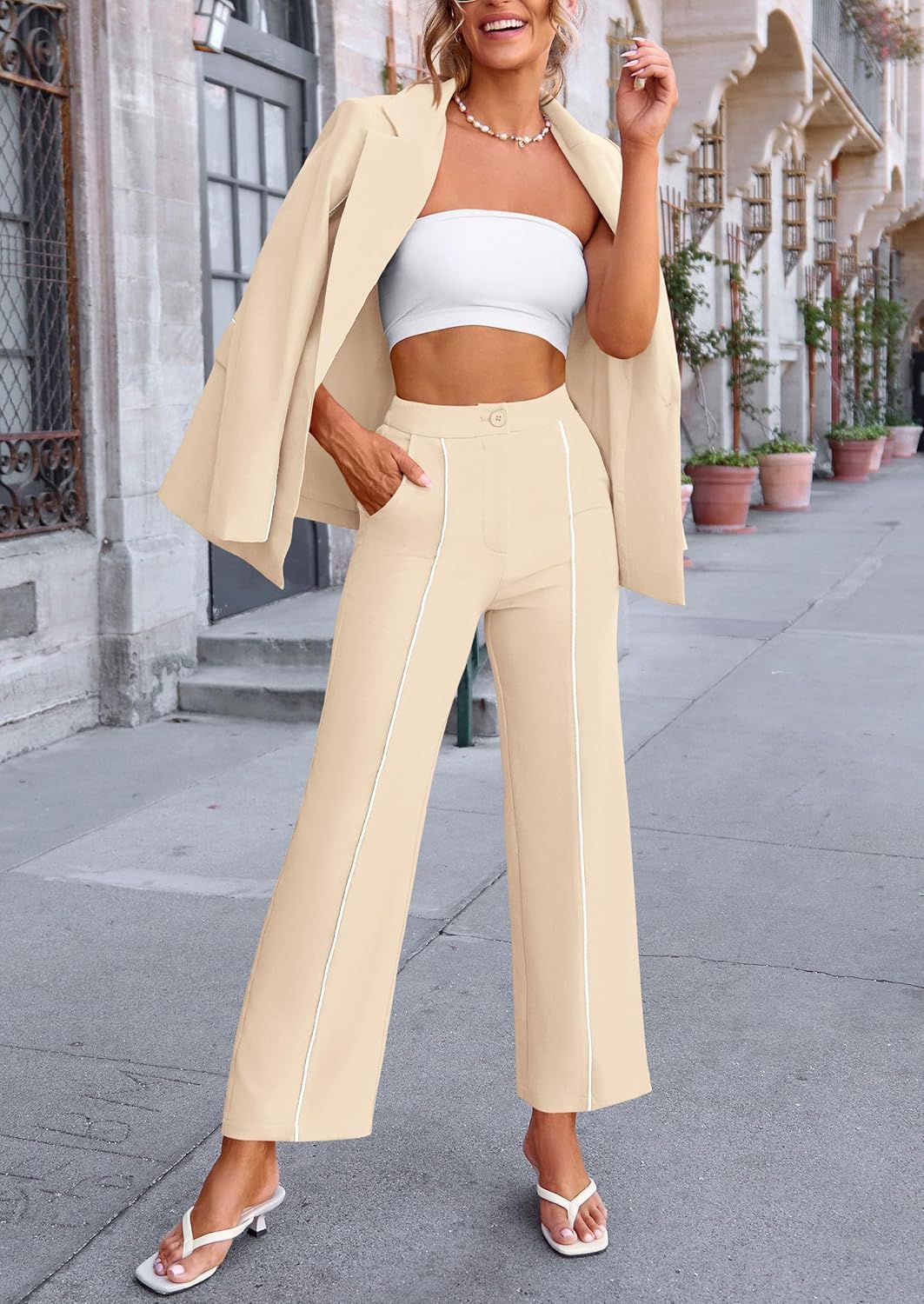 PRETTYGARDEN Women's Fall Spring 2 Piece Blazer Outfits Business Casual Oversized Jacket Wide Leg Work Pants Dressy Suit Set - Image 3