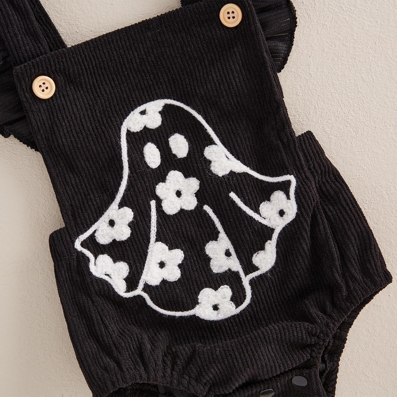 Muasaaluxi Newborn Baby Girl Halloween Outfit Ruffle Fly Sleeve Ghost Embroidery Romper Corduroy Bodysuit Headband 0-18M - Image 4