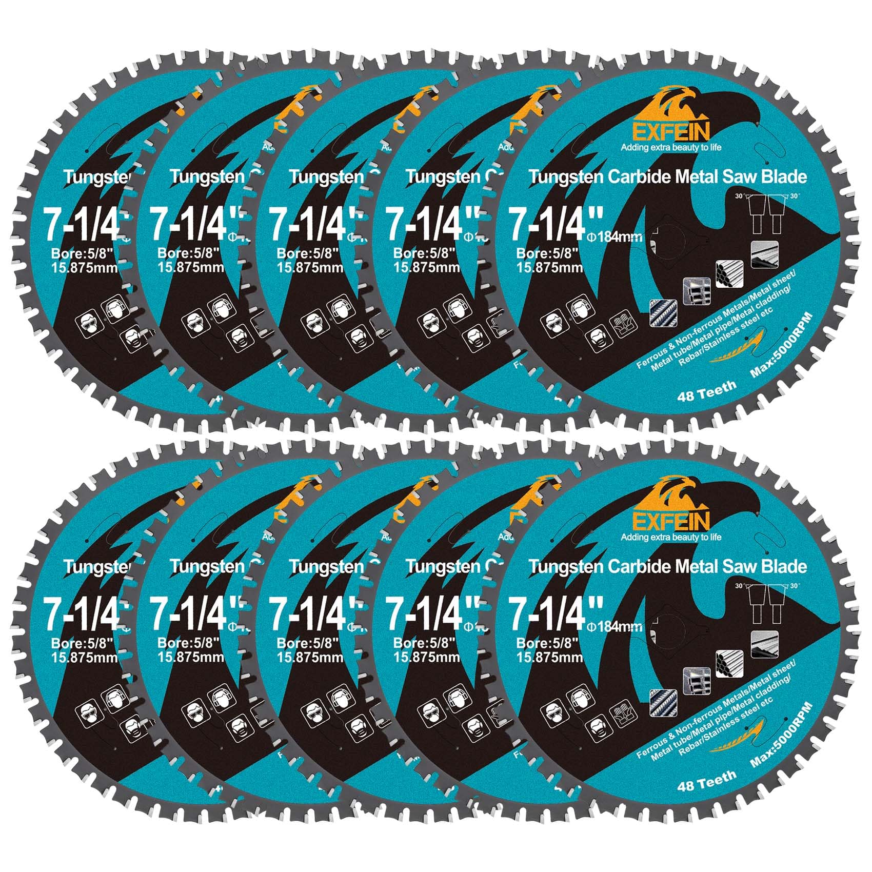 10pcs 184mm 48T Metal Circular Cutting Discs - EXFEIN Tungsten Carbide Tipped Cutting Discs Bore 15.875mm for Steel Nickel Titanium Ferrous Metals Steel Pipe