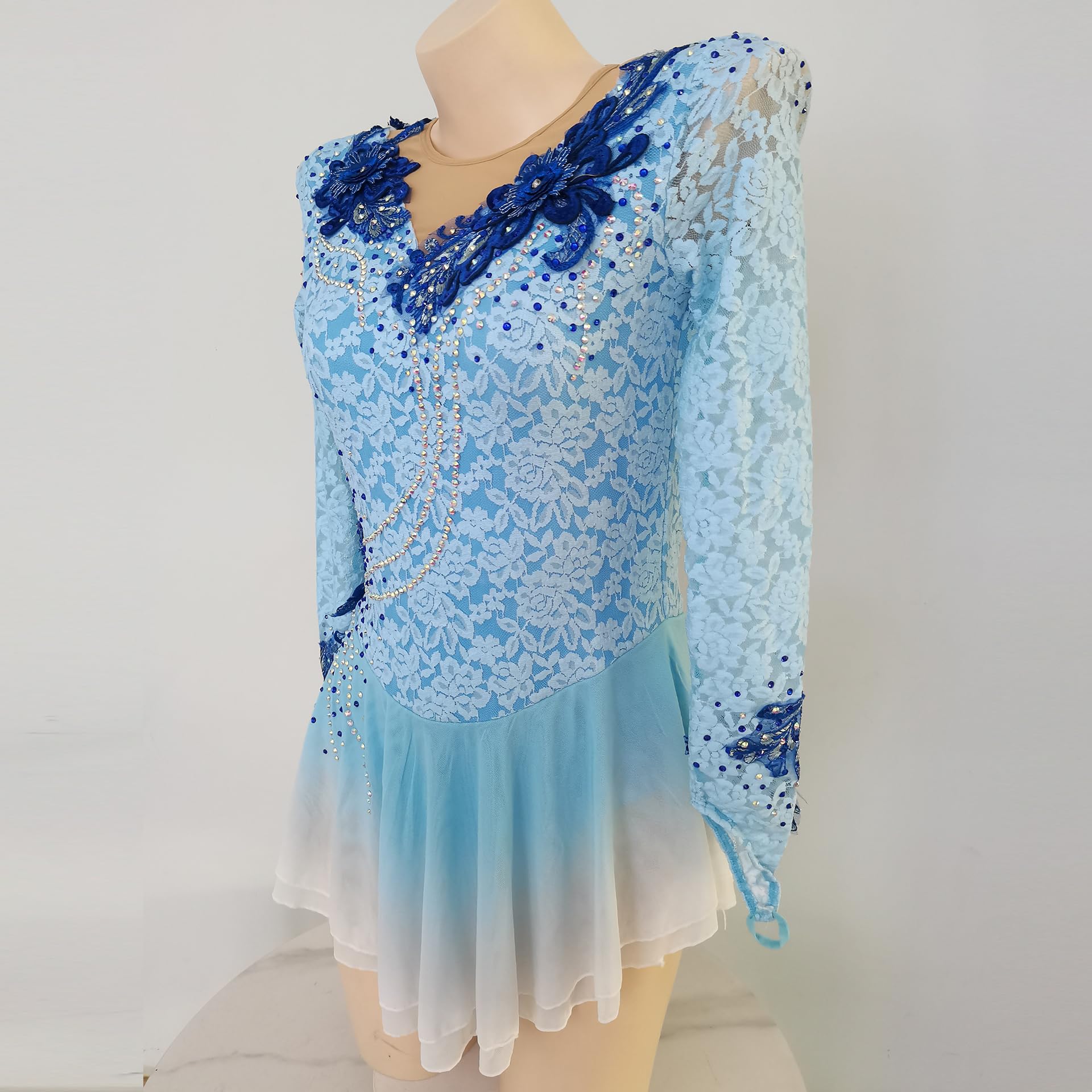 LIUHUO Vestido de patinaje artístico Falda degradado de encaje azul para niñas Rendimiento de competición