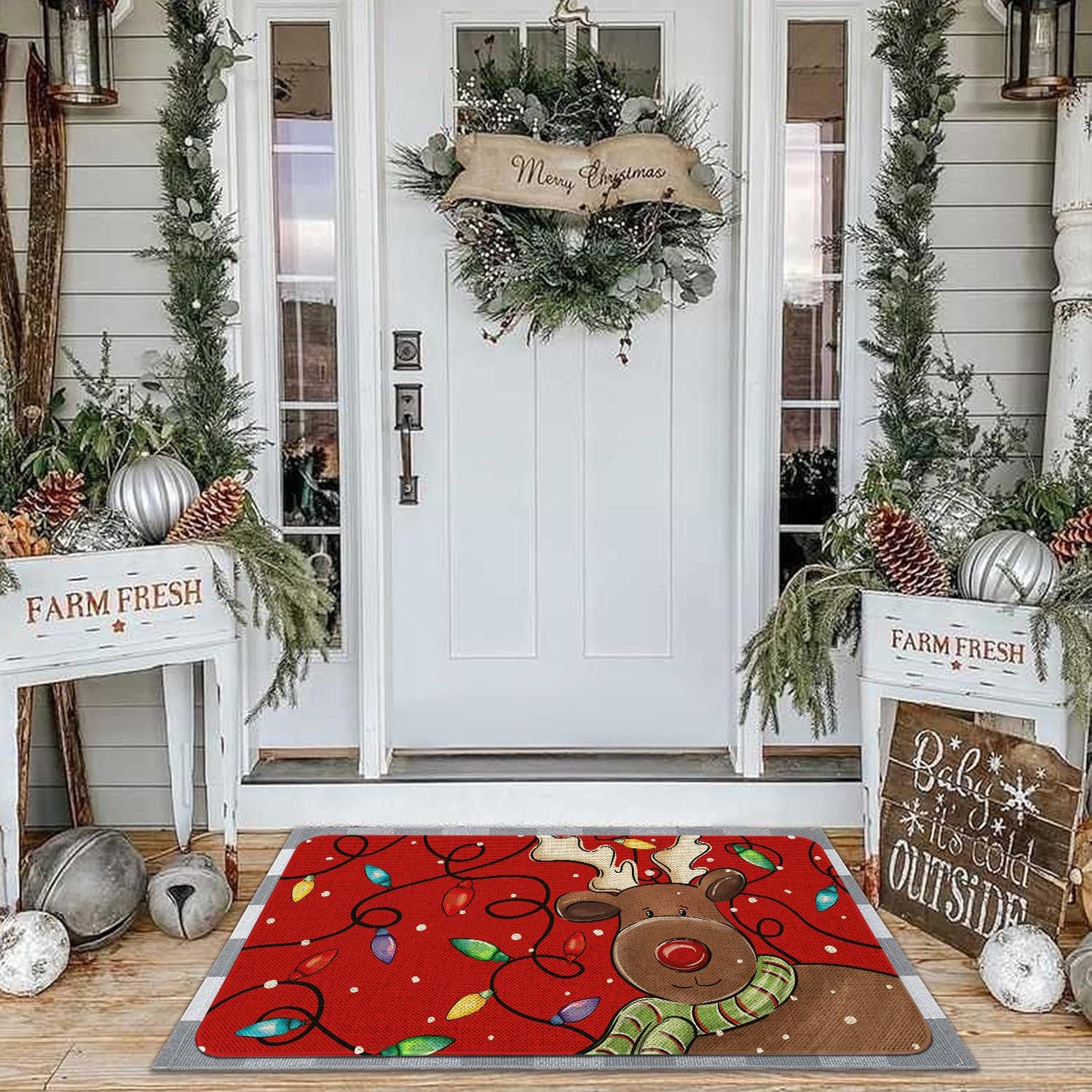 Christmas Reindeer Welcome Door Mat 30x17 Inch Christmas Light Doormat Indoor Outdoor Entrance Floor Mats Non-Slip Washable Winter Xmas Holiday Home Decor Rugs