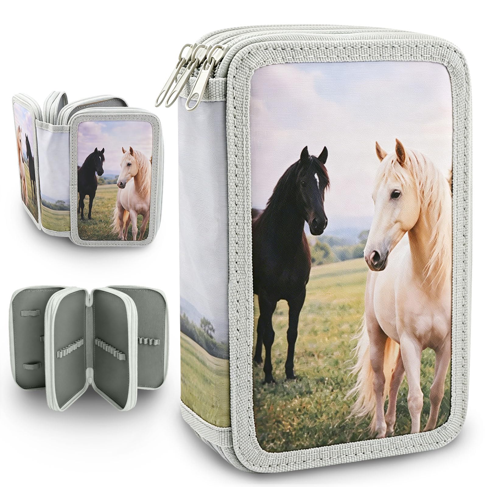 ZXShow Horse Pencil Case for Boys and Girls with 3 Compartments Large Capacity Pencil Pouch School Pencil Bag Oxford Fabric with Zipper Christmas Birthday Gift for Kids Students Teenagers