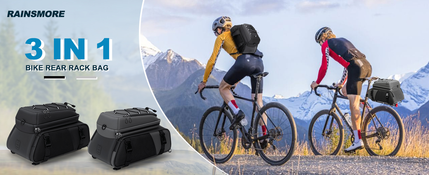Sacoche Vélo Arrière 15L RAINSMORE 4-en-1 – Imperméable, Réfléchissante, Housse Pluie – Porte-Bagages / Bandoulière / Sac à Dos