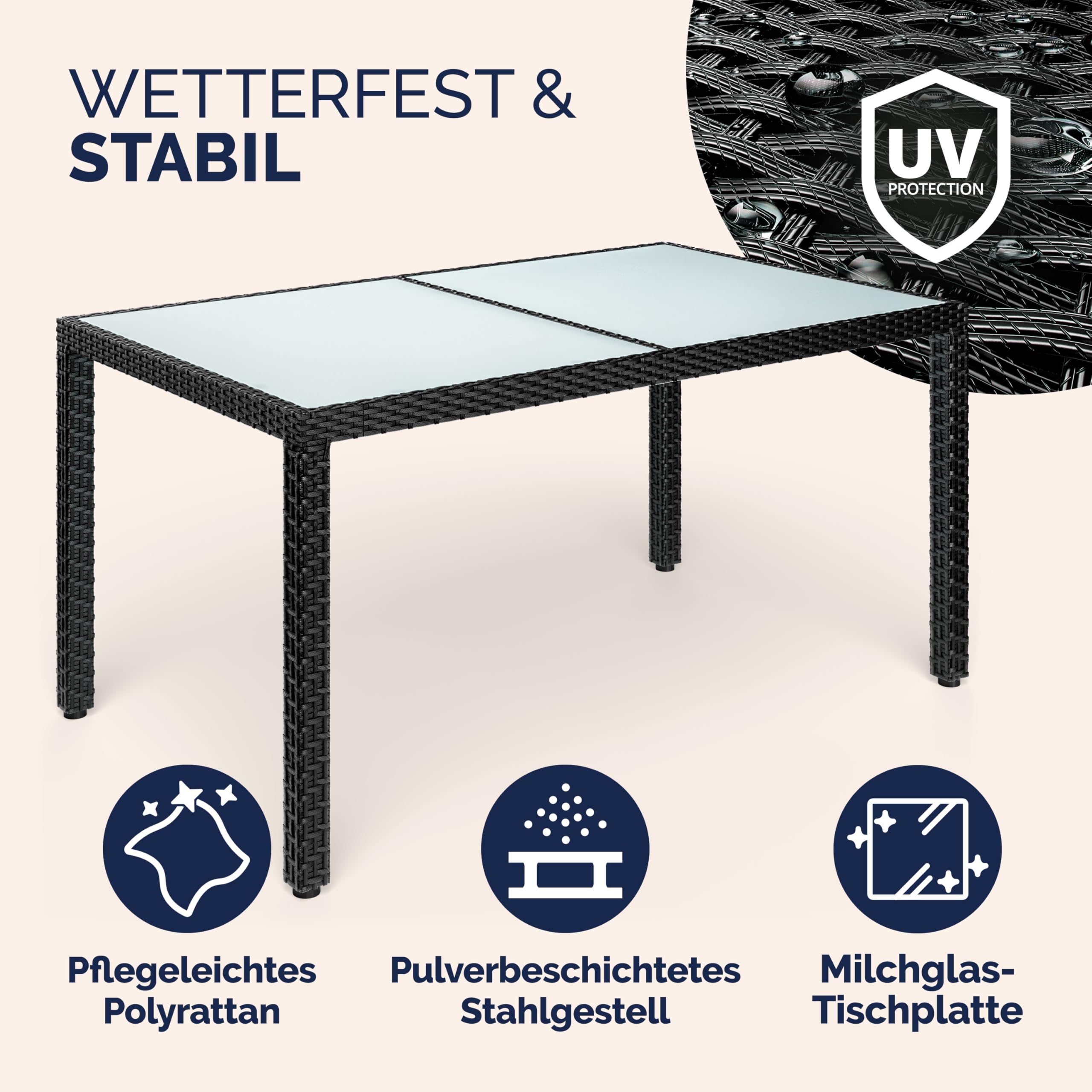 Casaria® Gartentisch Wetterfest 150x90cm Polyrattan Balkontisch Höhenverstellbar 5mm Sicherheitsglas Garten Terrasse Tisch Gartenmöbel Outdoor Schwarz