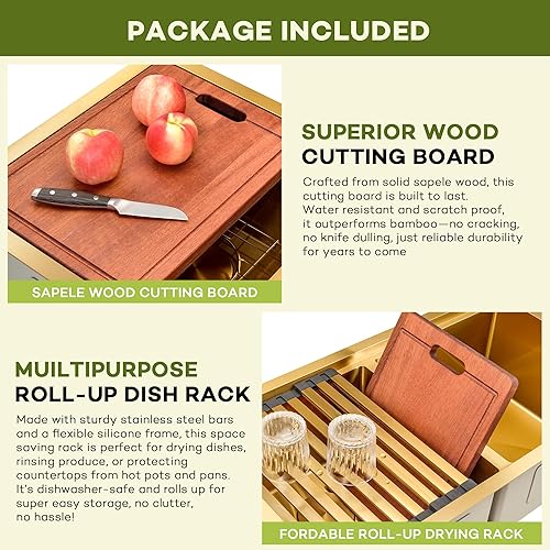 Vista 32 de LQS Fregadero de cocina dorado de 31 pulgadas, fregadero de cocina de acero inoxidable 50/50 de 31 x 18 pulgadas, fregadero de cocina de acero