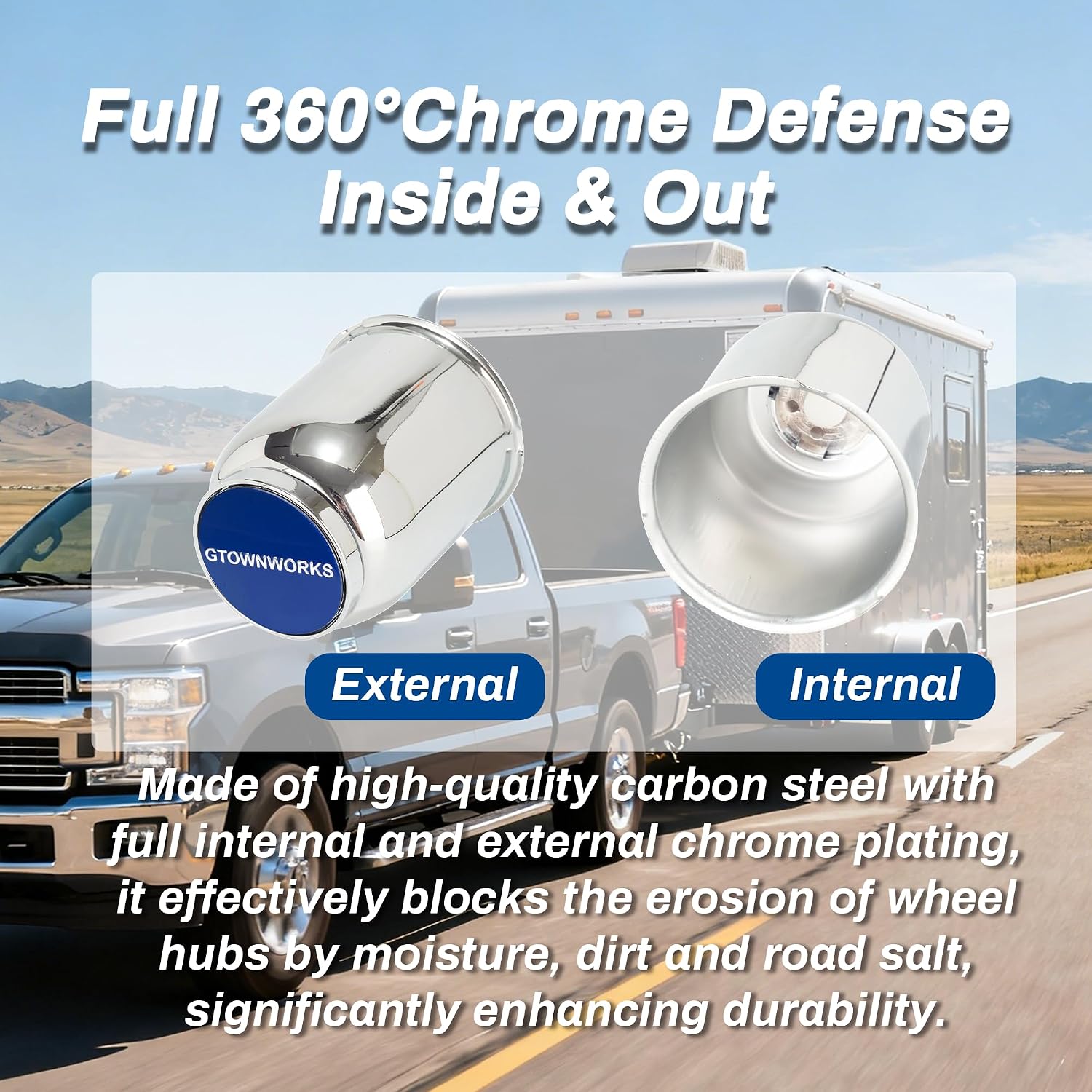 4PCS 3.19 Inch Floating Trailer Wheel Center Caps - Chrome Steel Push Through Hub Caps for Truck RV SUV with Blue Emblem (Fits 3.19" Center Bore)