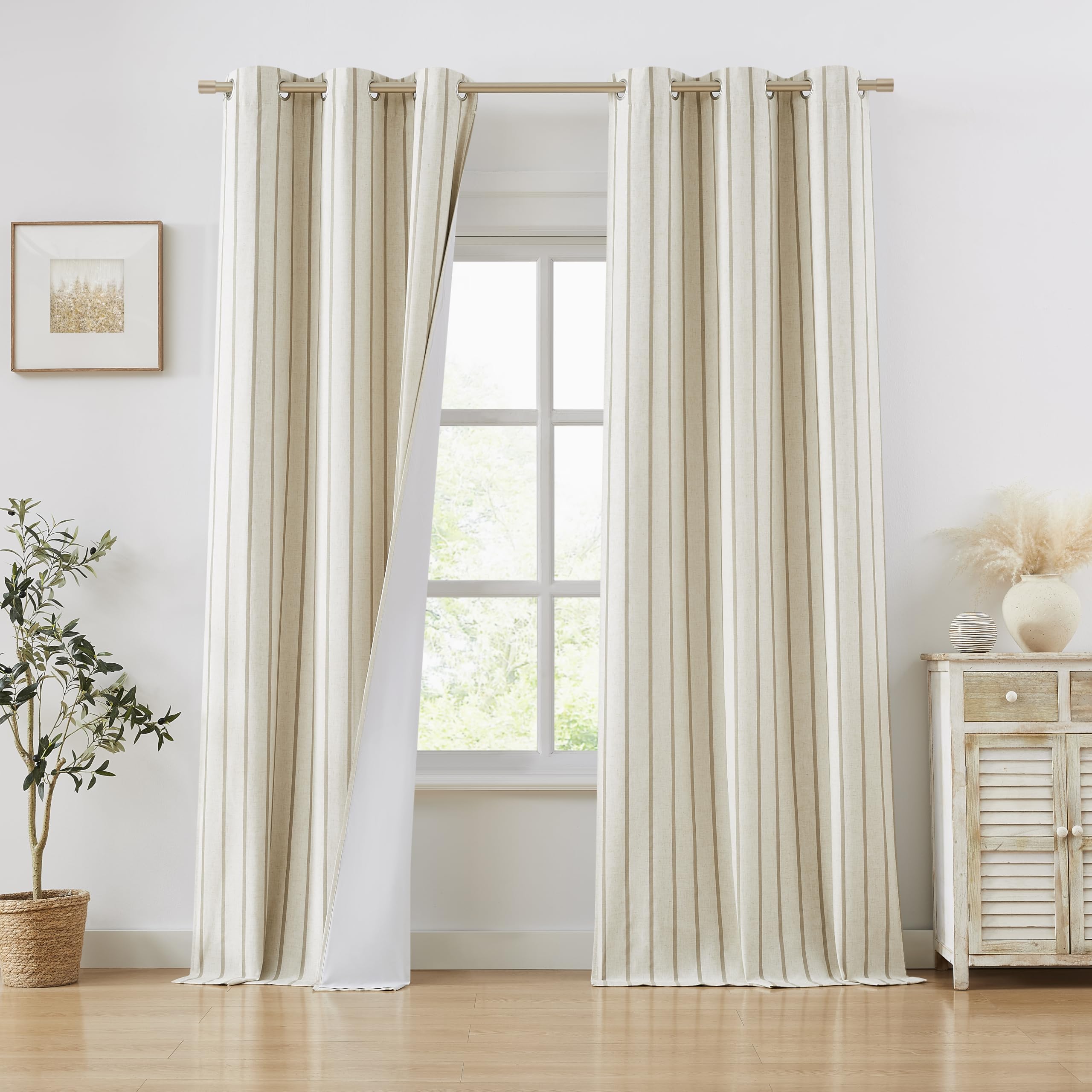 Bapawfish Linen Striped Full Blackout Window Curtain Panels 95 Inches Long