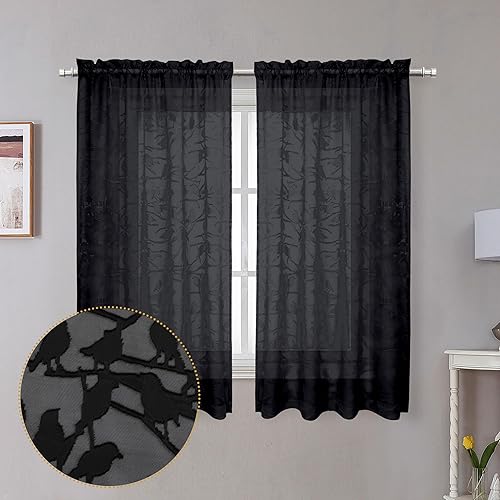 Vista 117 de OVZME - Anji Cortinas semitraslúcidas de gasa, ligeras, vaporosas, privacidad, textura, bolsillo barra doble, pájaros recortados, dormitorio, sala