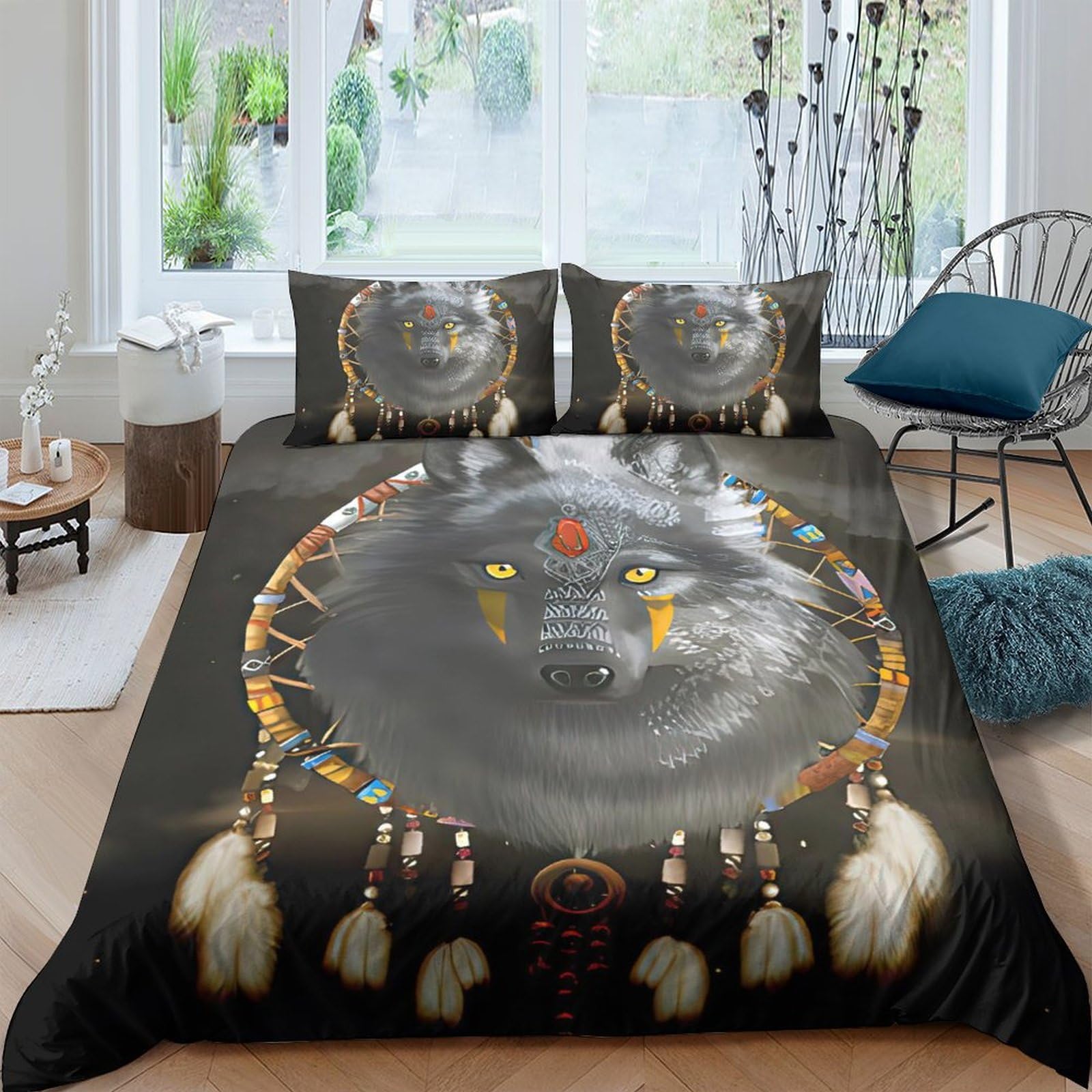 Ctjqhvkz Style-6 3D Printed Wolf Dreamcatcher Fitted Sheet Microfiber Soft Breathable Tribal Bed Cover For Bedroom Guest Room Decor Single（135X200cm）