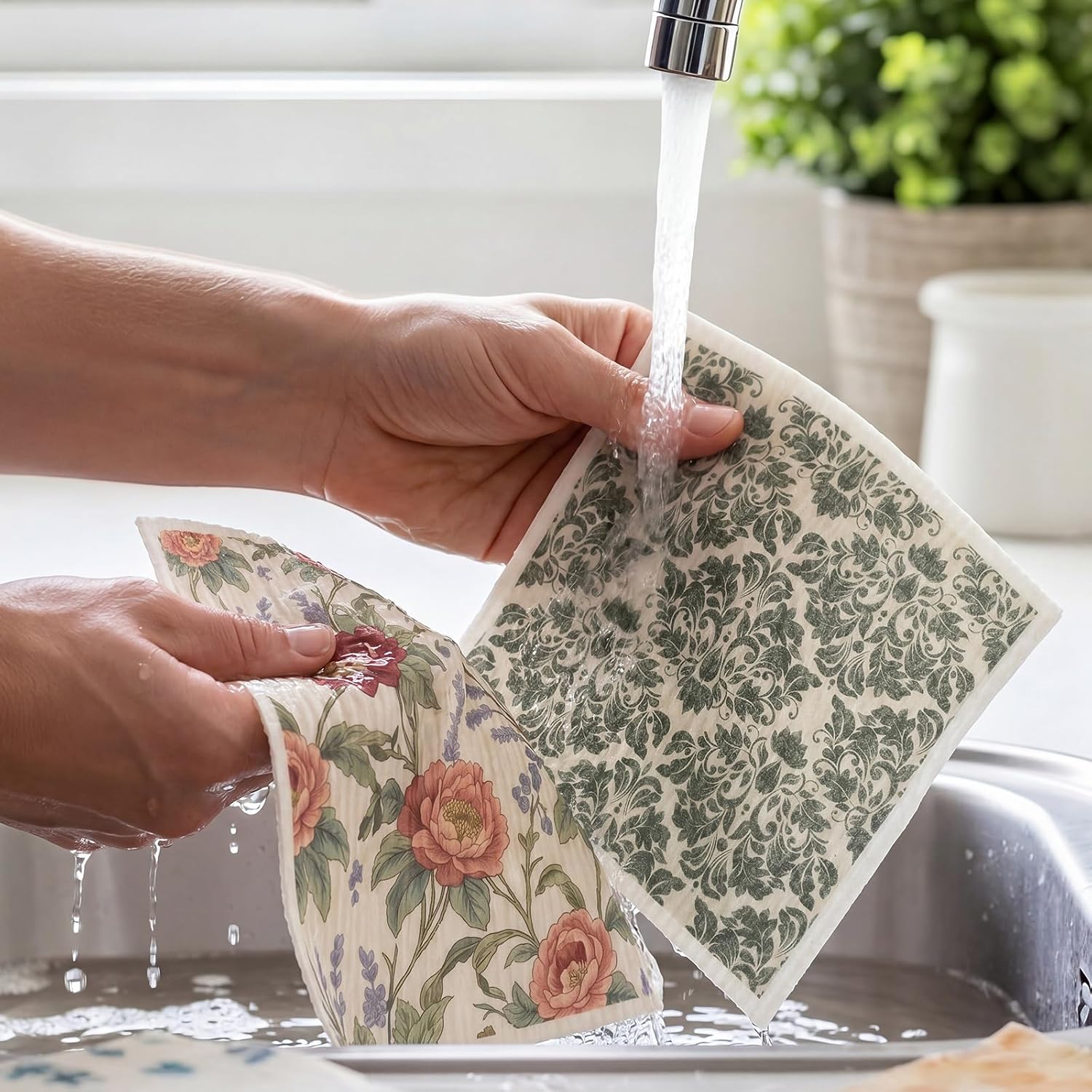 12 Pack William Morris Style Swedish Dishcloth with 6 Self-Adhesive Clips Vintage Green Flower Kitchen Dishcloths Reusable Washable Cotton Dish for Home Party Cleaning Housewarming 7 x 8''