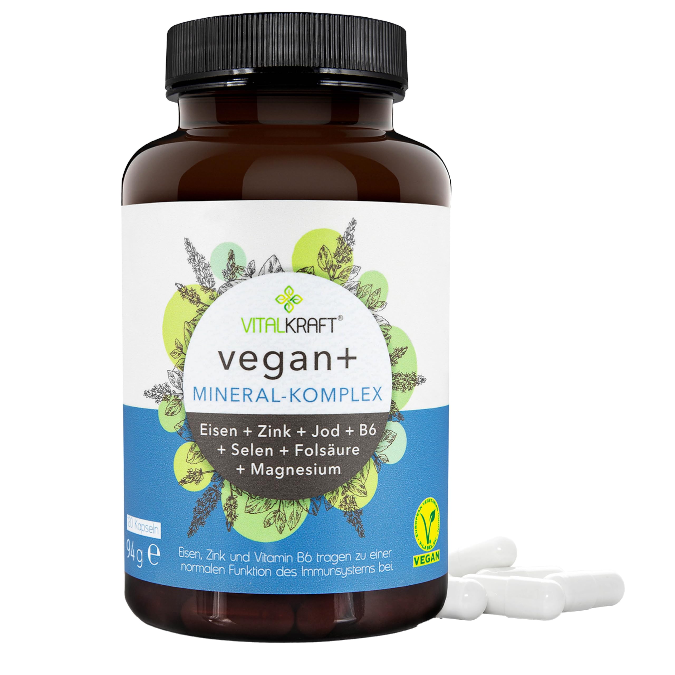 VITALKRAFT Vegan+ Mineral-Komplex-hochdosierte Kapseln mit Magnesium, Eisen, Zink, Jod, Selen, B6 und Folsäure. Laktosefreie und glutenfreie Nahrungsergänzung