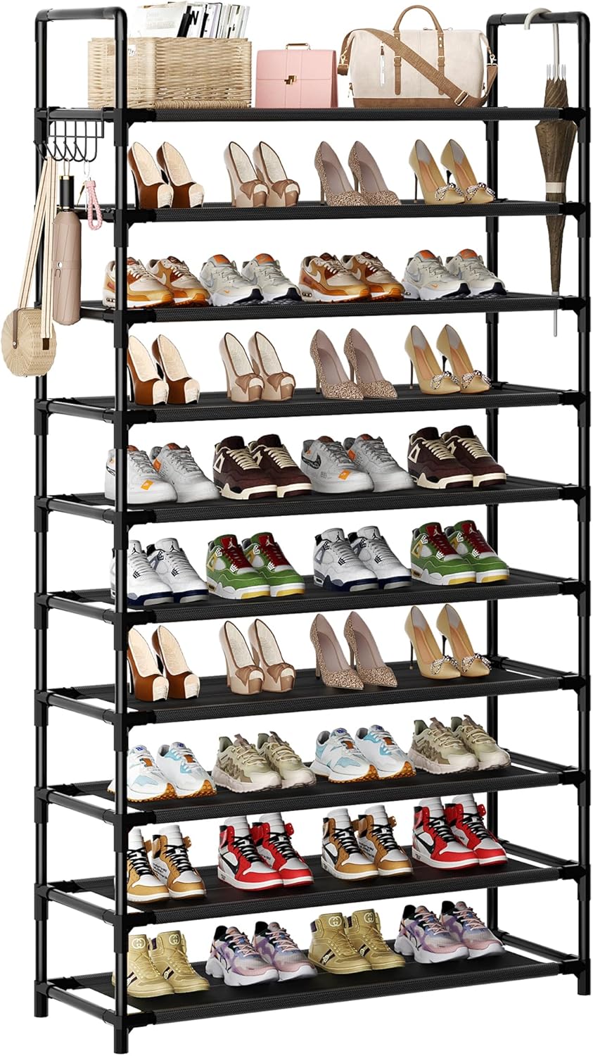 Shoe Rack, 10 Tier Shoe Storage Organizer with Hooks,Fit 40-45 Pairs Shoes,Metal Tall Shoe Shelf for Closet,Entryway, Hallway,Garage,Bedroom,Cloakroom