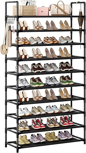 Zapatero, organizador de almacenamiento de zapatos de 10 niveles con ganchos, se adapta a 40-45 pares de zapatos, estante alto de metal para