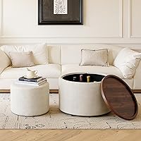 Vista 1 de Furniliving Juego de 2 otomanas de almacenamiento, otomanas redondas de lino de lujo con bandeja de madera, mesa de centro estética con taburete