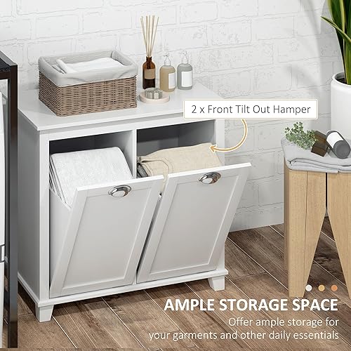 Miniatura 4 de HOMCOM Gabinete de lavandería con doble inclinación, armario de almacenamiento de baño con canasta de 2 compartimentos, gabinete de baño moderno