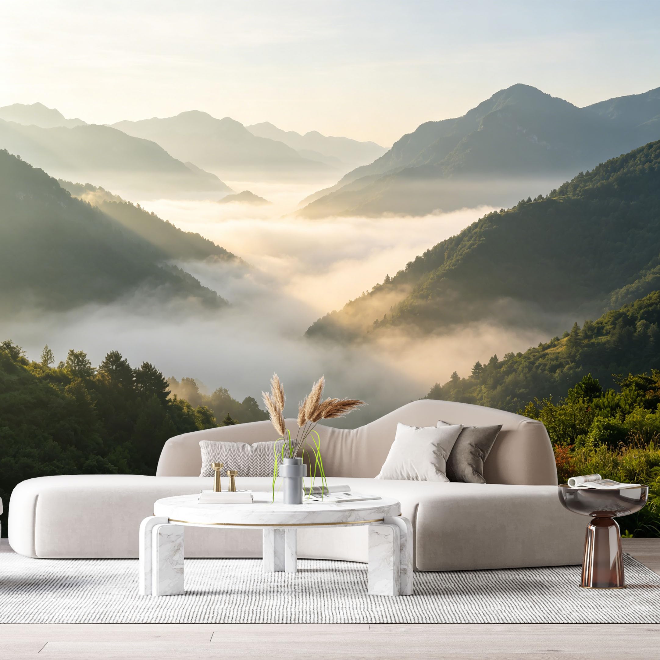 Custom Size Wall Murals Misty Mountain Landscape Sunrise Valley Forest SelfAdhesive Wall Fabric Removable Large Wallpaper for Photo Living Room