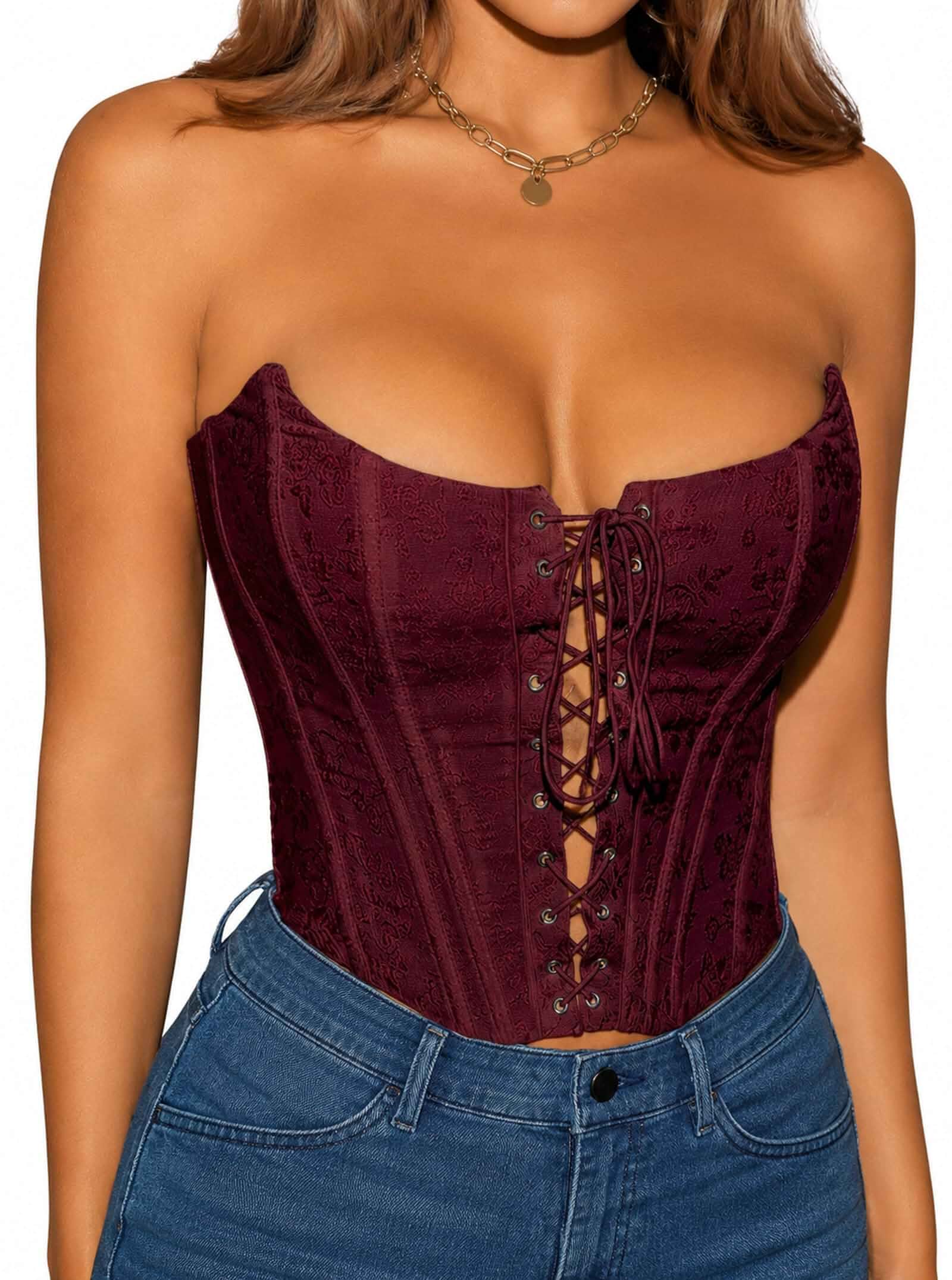 Avanova Women Strapless Lace Up Corset Tops Crop Bustier Going Out Top Overbust Tube Tops, Sweetheart Neck, Front & Back Lace Up, Structured Boning, Floral Embroidery, Y2K Party Club Night Out