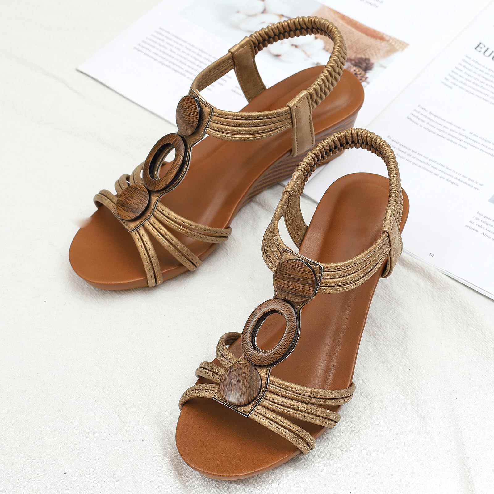 Sandali Zeppa Donna T Strap Punta Aperta Cavigliera Elastica Dettaglio Perline Tacco 5cm Effetto Legno Leggeri Comodi Estivi
