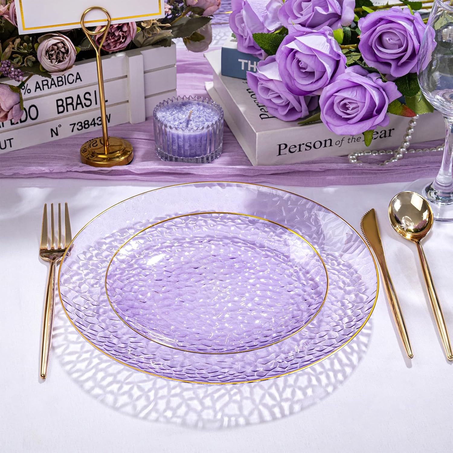 Rubtlamp 100Pcs Purple Gold Plastic Dessert Plates, 7" Purple Disposable Appetizer Plates With Gold Rim, Heavy-duty Party Salad Plates, Hammered Plastic Clear Dessert Plates for Wedding