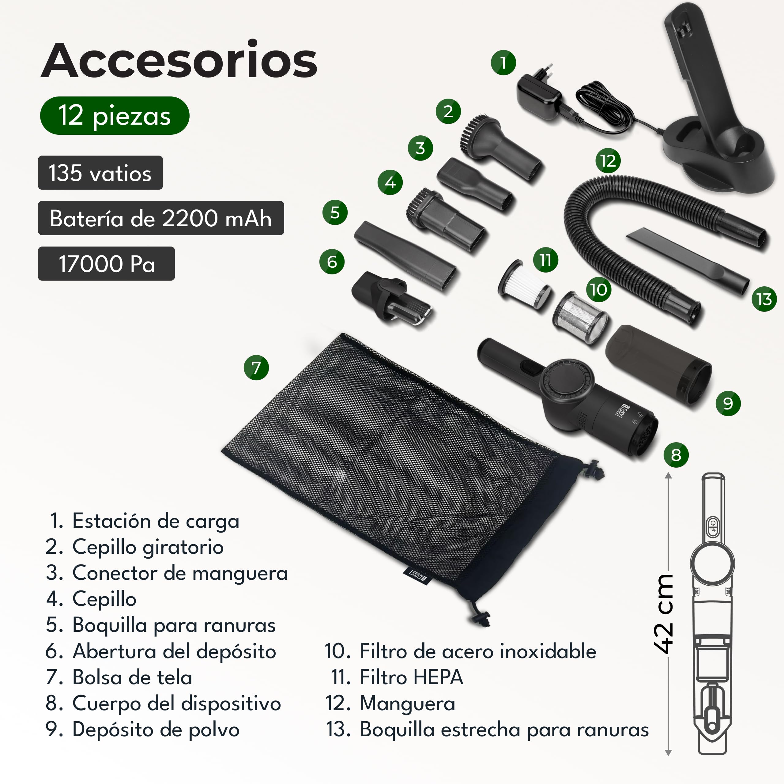 LEBENLANG Aspirador de Mano Potente 17000PA - Incl. Potente batería Recargable & Soporte con función de Carga I Aspirador Coche Aspiradora de Mano sin Cable Coche Sofa aspiradoras