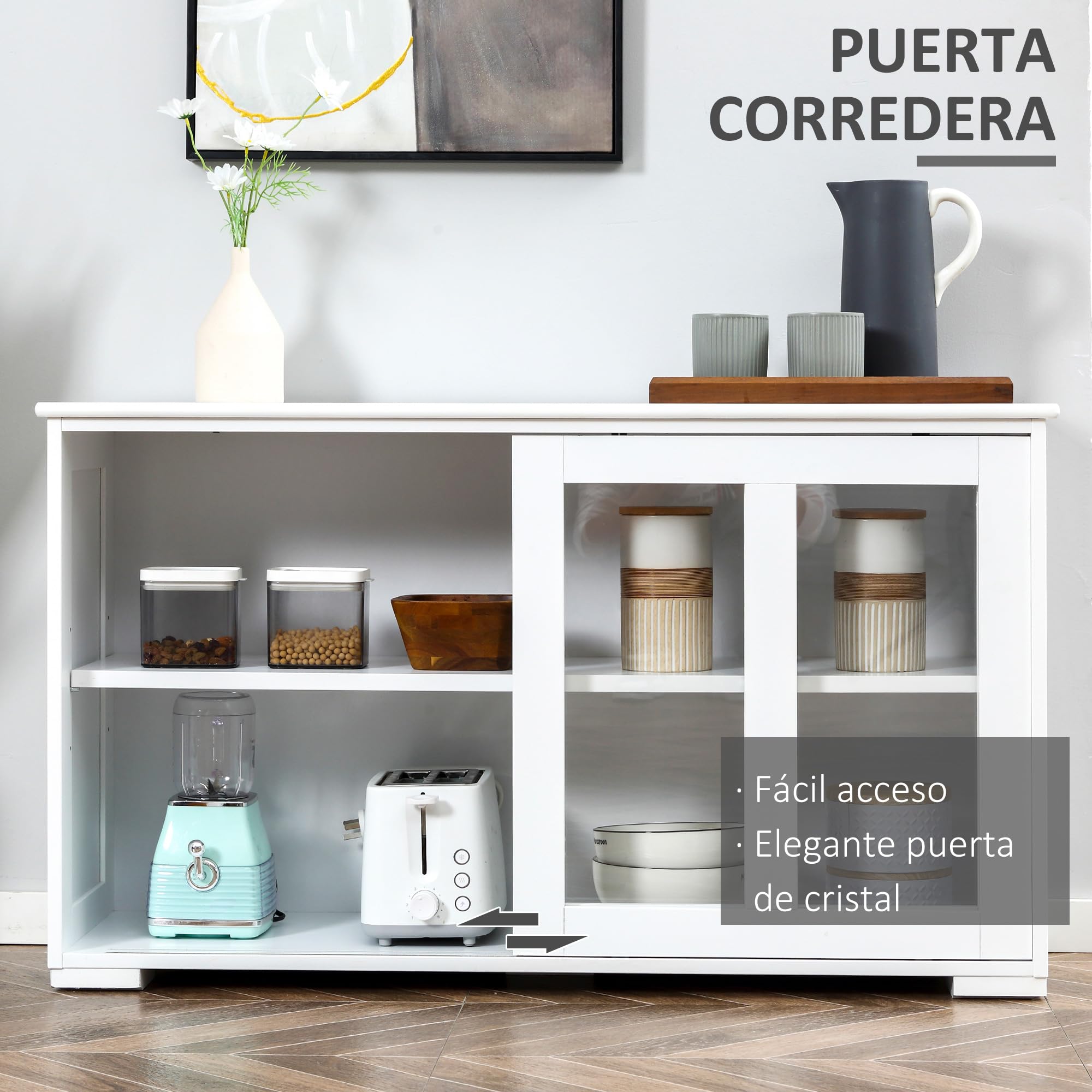 HOMCOM Aparador de Cocina Mueble Auxiliar de Cocina 107x33x62,5 cm Blanco | Aparador Apilable, 2 Puertas Corredizas de Vidrio, Estante Ajustable, para Salón Comedor