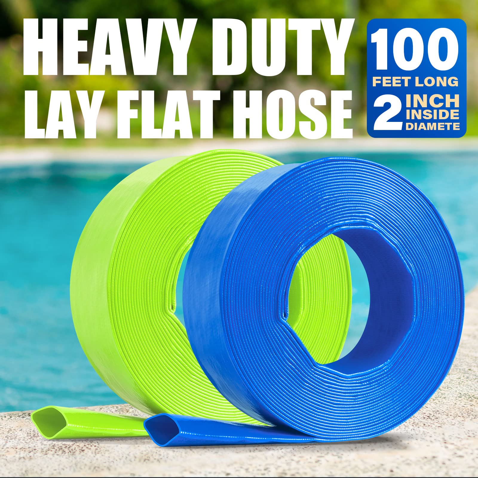 Jin&Bao Tuyau de lavage de piscine robuste de 5,1 cm avec pince, résistant aux intempéries et à l'éclatement, tuyau de vidange flexible à plat pour l'élimination de l'eau (bleu, 30,5 m)