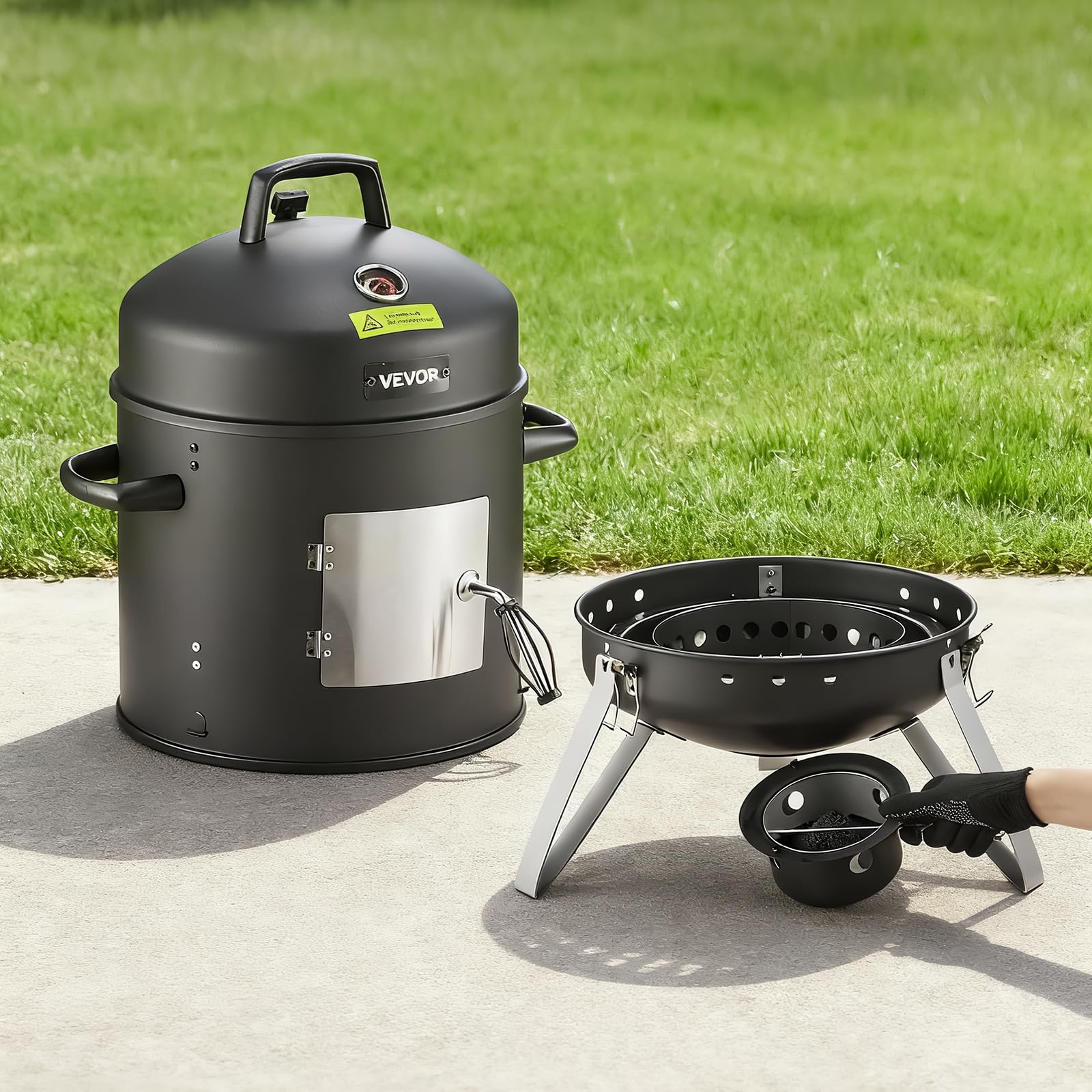 VEVOR Räuchertonne, 40 cm vertikaler Holzkohlegrill, beschichteter Stahlgrill mit 2 Grillrosten, Thermometer, Lüftungsöffnungen & herausnehmbarer Ascheschale, BBQ Räucherofen für Grillpartys