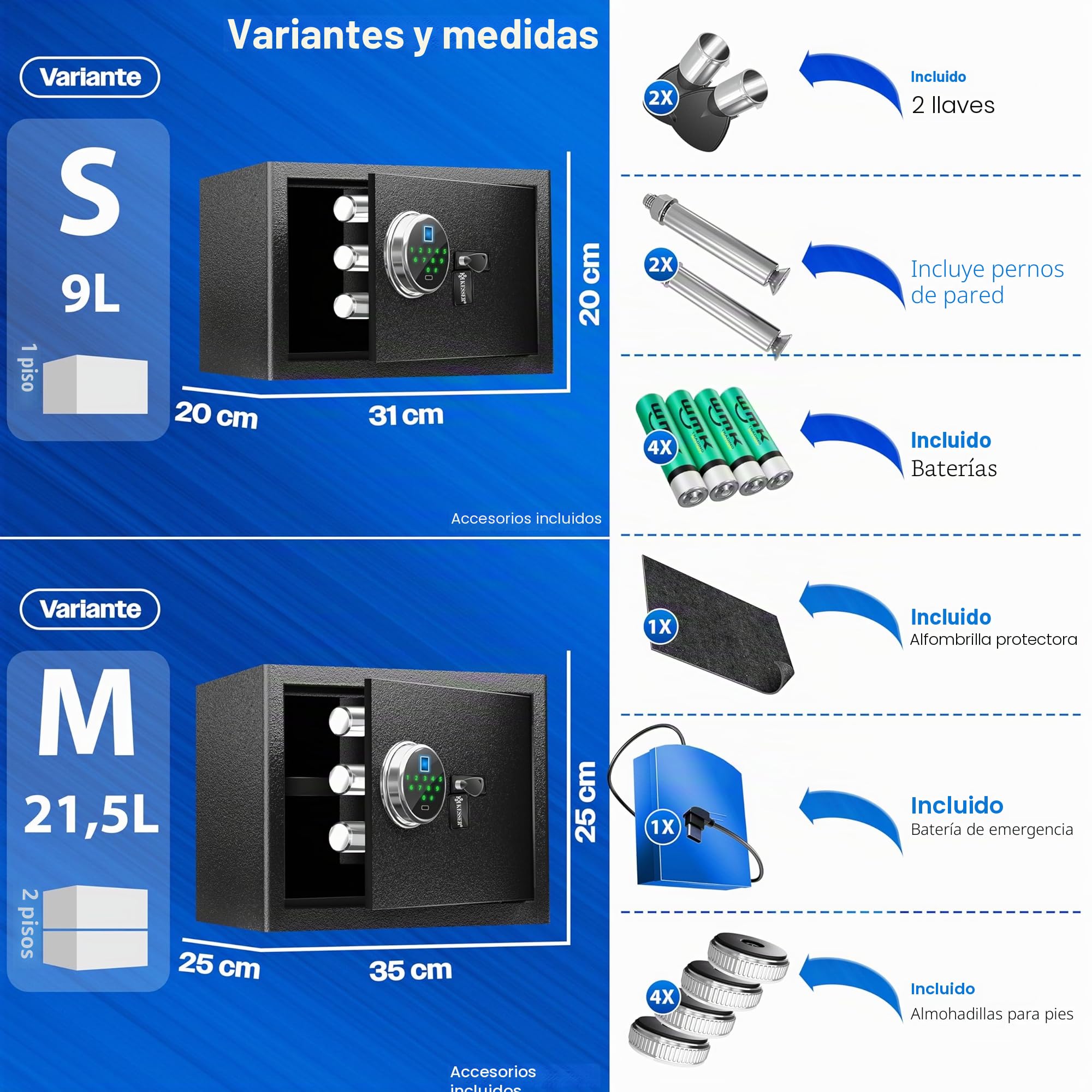 KESSER Caja fuerte eléctrica con huella dactilar y llave S, batería de emergencia, 3 doble perno, para pared suelo muebles