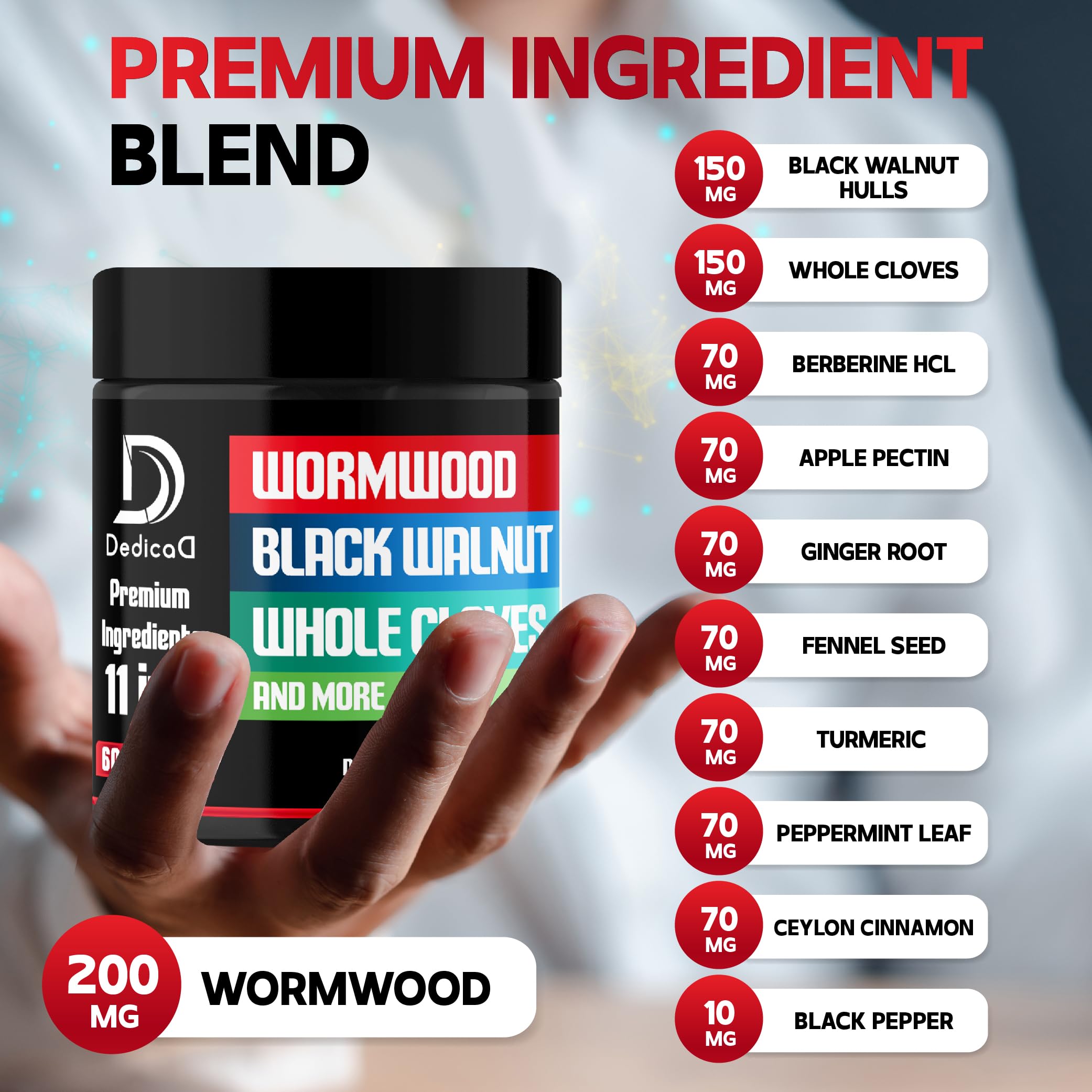DEDICAD Wormwood Capsules Supplement - Extracted from Black Walnut, Cloves, Turmeric, Apple, Berberine HCl & More - 11 Ingredients Combined for Immune System, Body Management - 60 Capsules — Amazon image 3